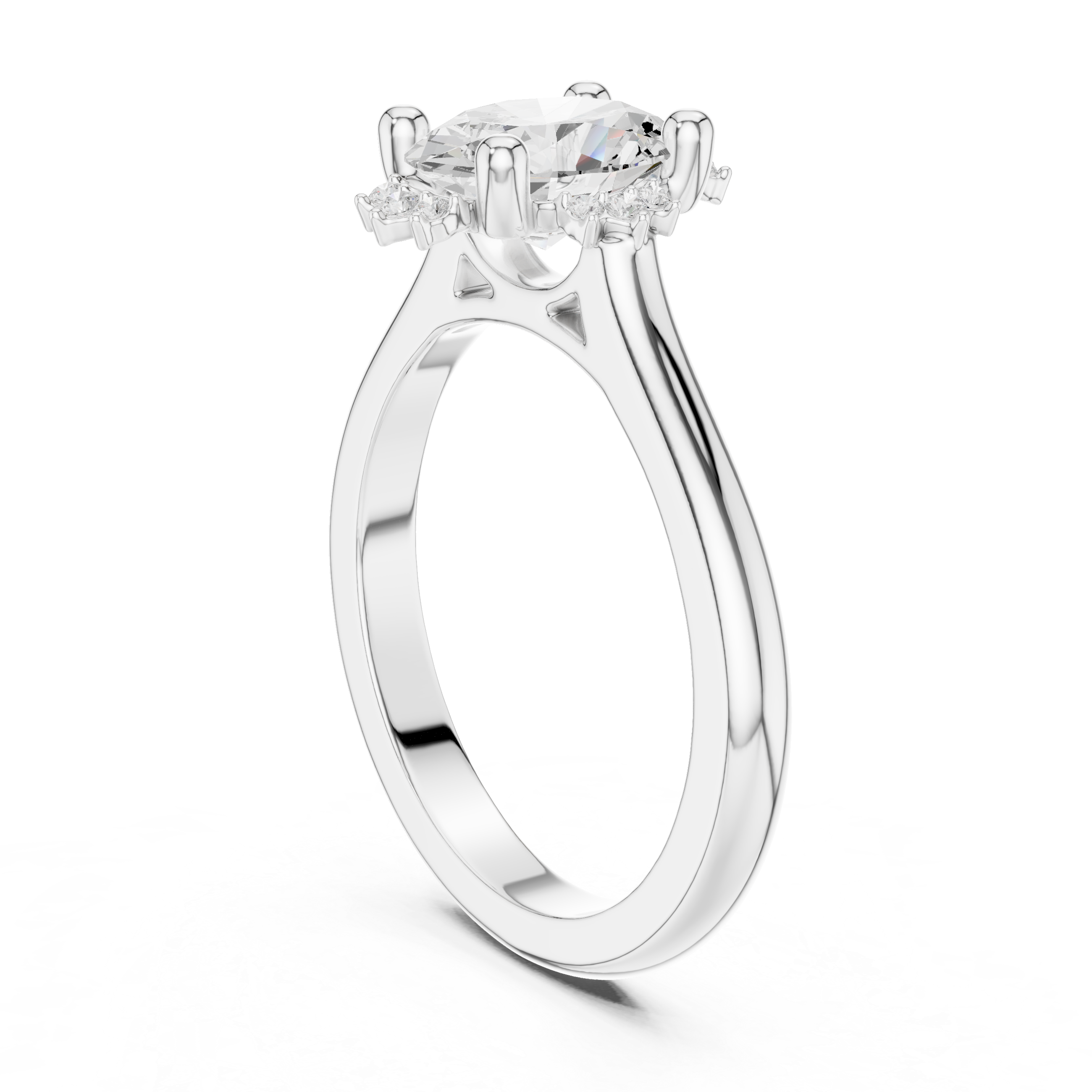 Oval cut diamond ring with a sleek band and sparkling side accents.