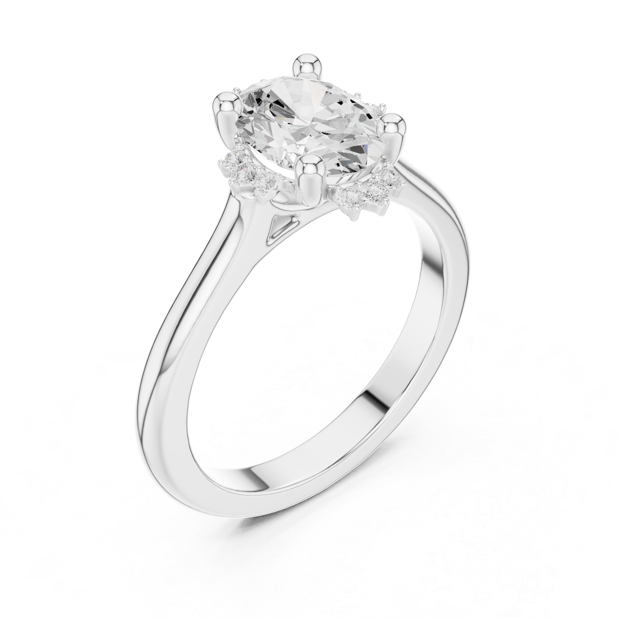 Oval cut diamond ring with a sleek band and sparkling side accents.
