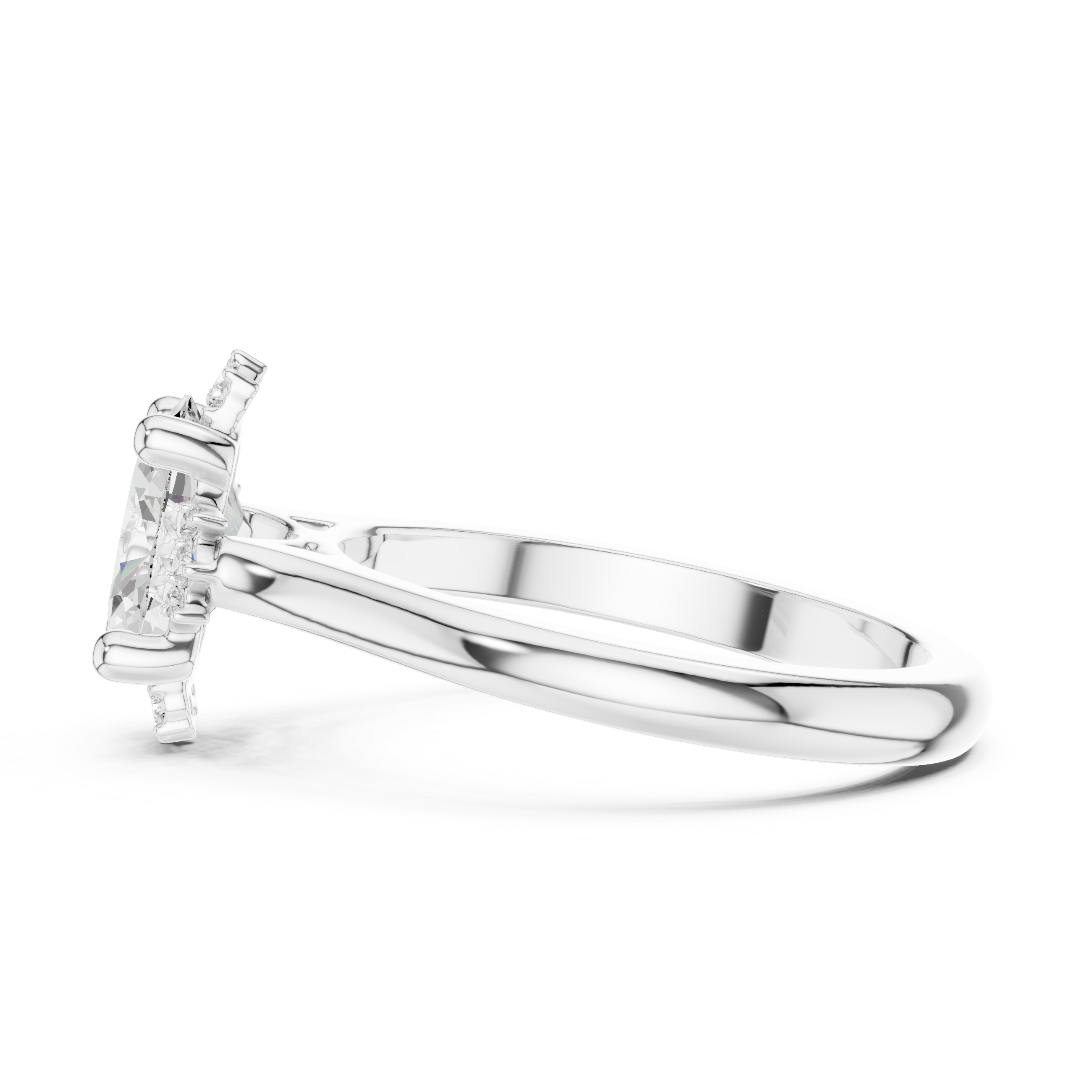 Oval cut diamond ring with a sleek band and sparkling side accents.
