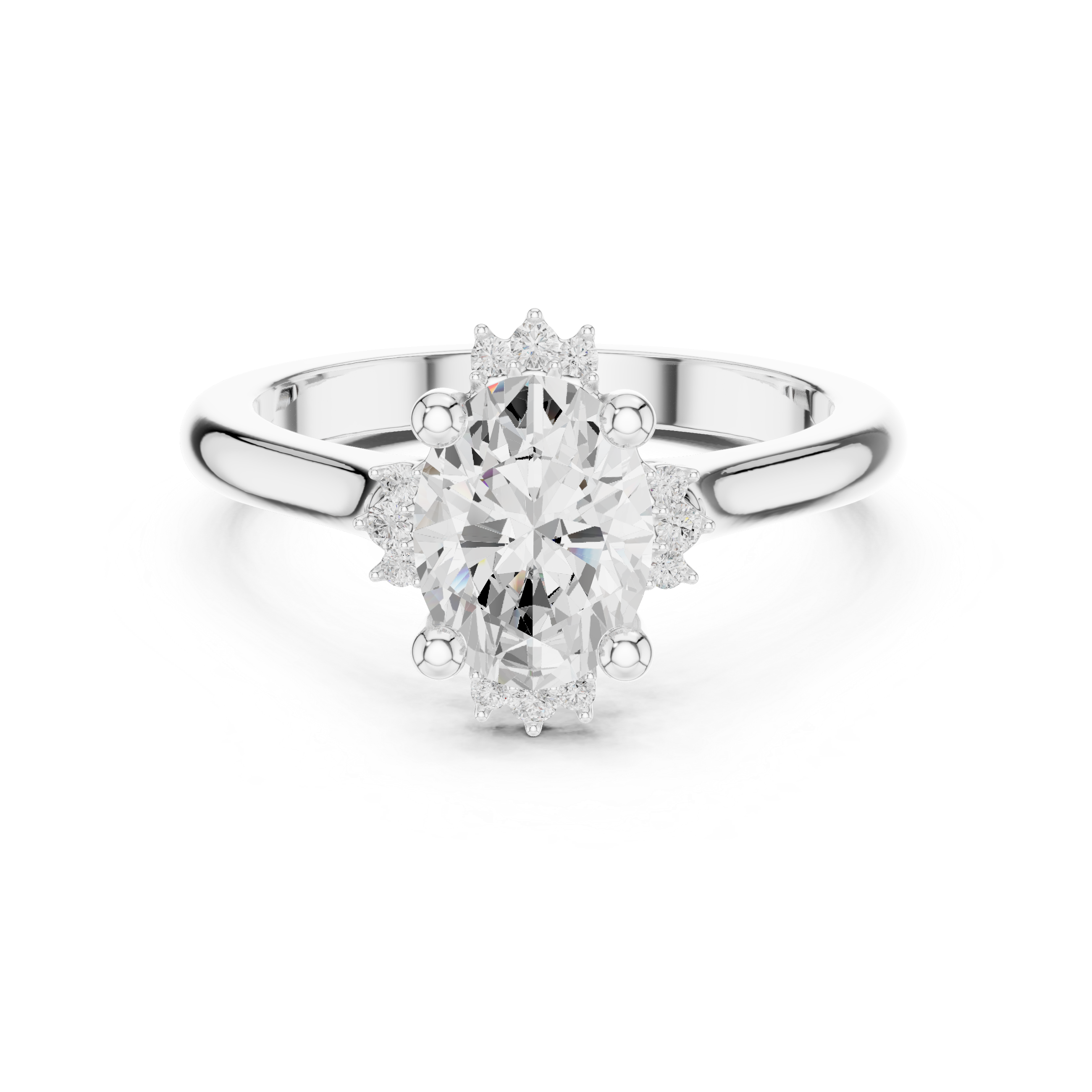 Oval cut diamond ring with a sleek band and sparkling side accents.
