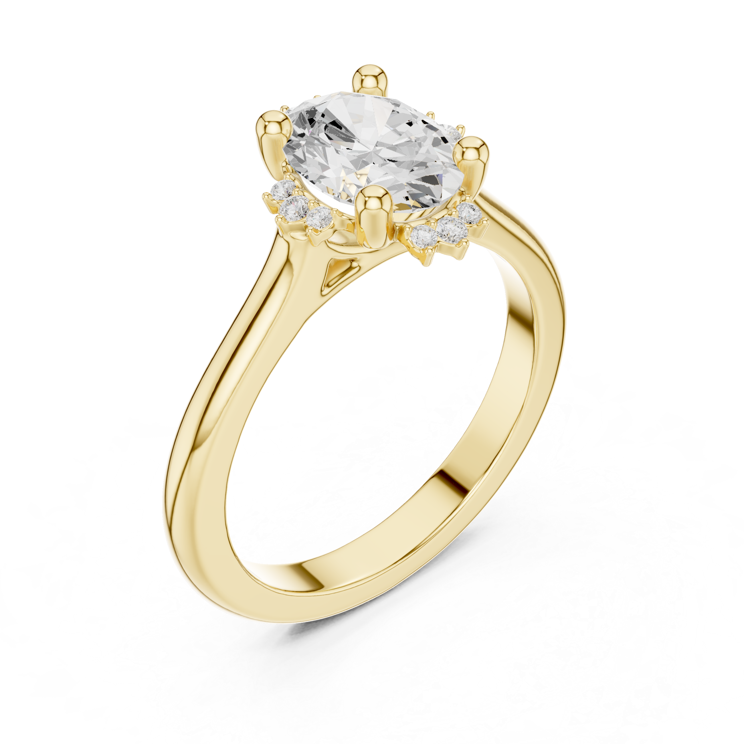Oval cut diamond ring with a sleek band and sparkling side accents.