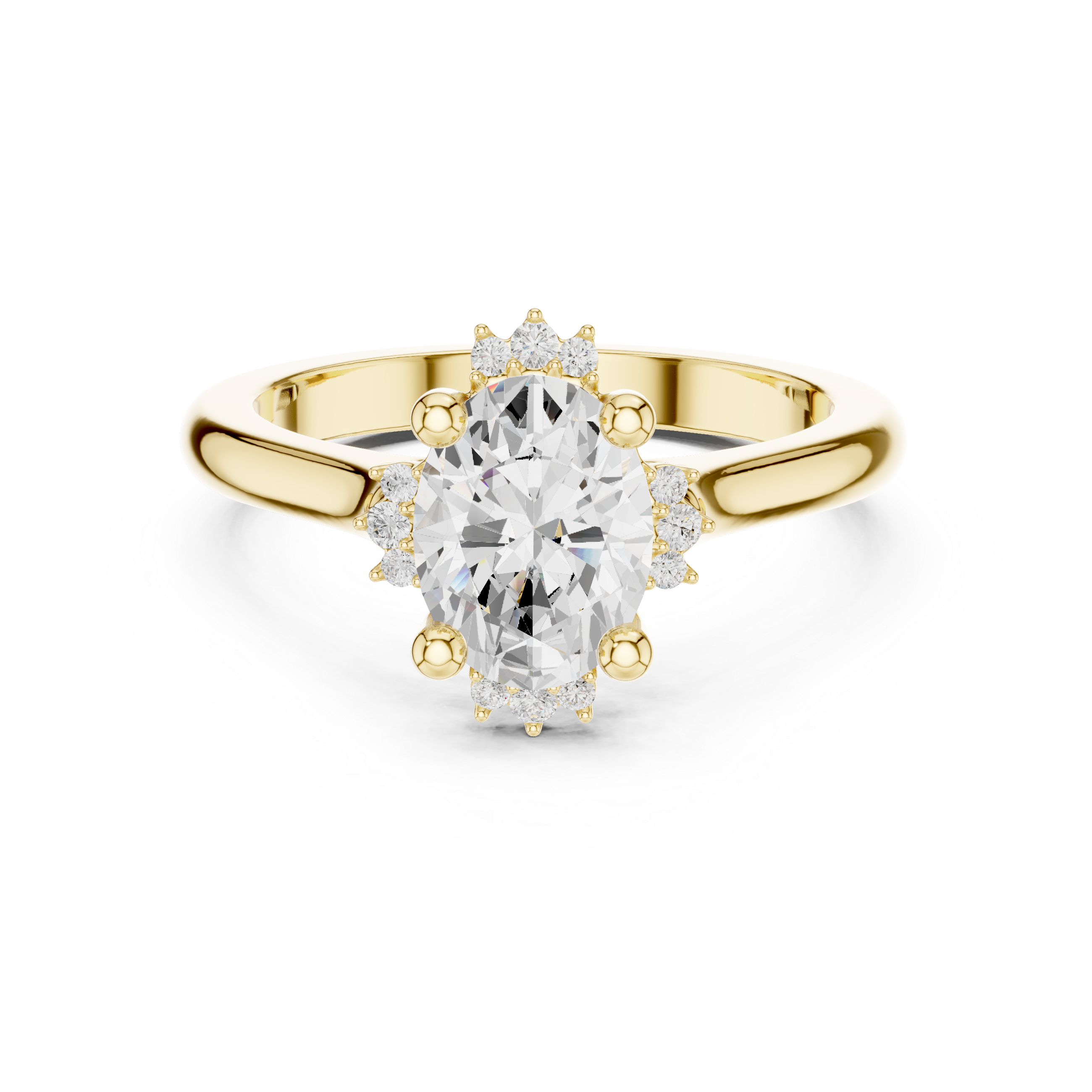 Oval cut diamond ring with a sleek band and sparkling side accents.