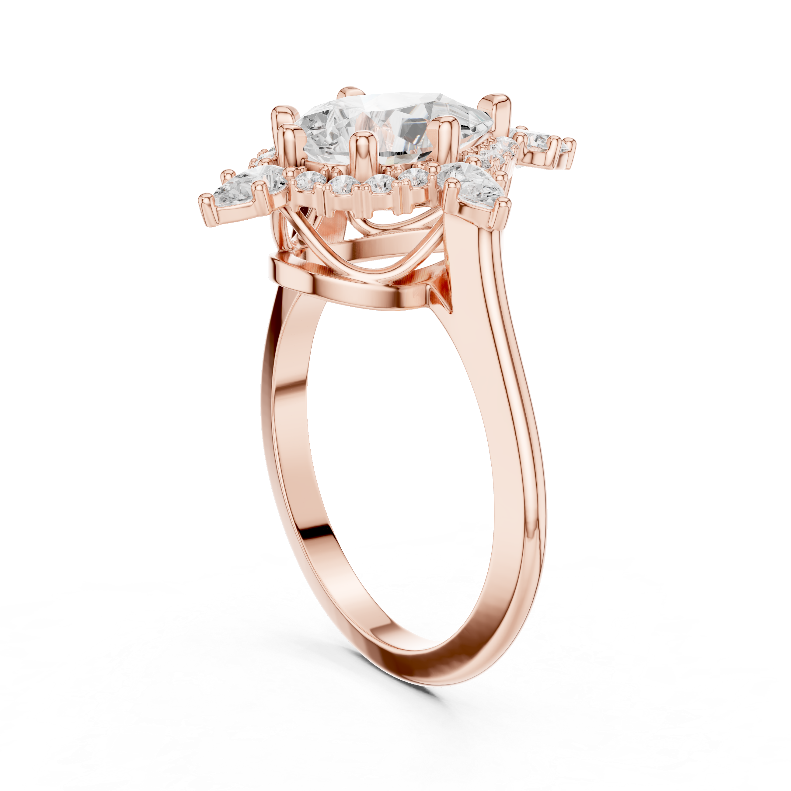 Pear cut diamond halo ring with dazzling marquise accent stones.