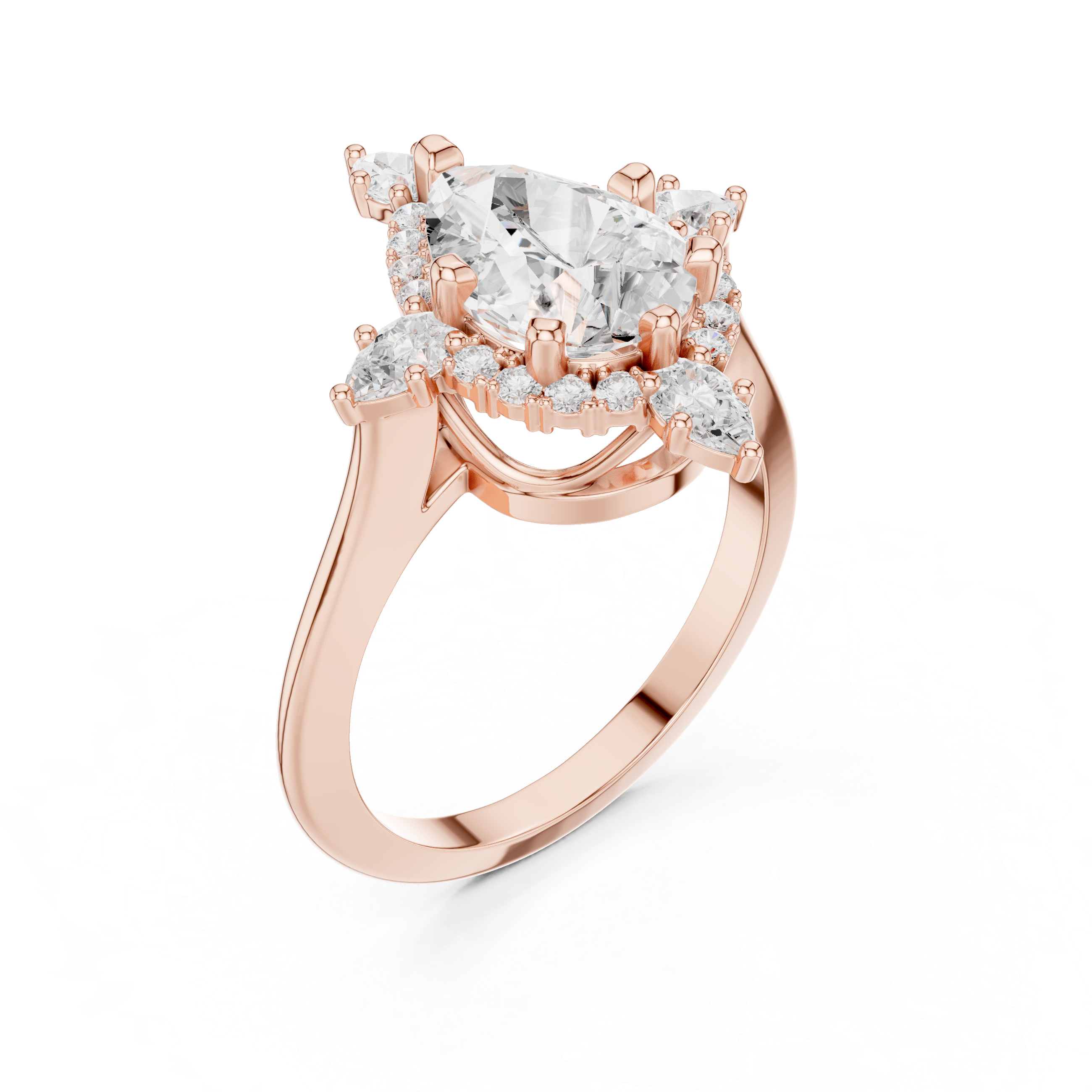 Pear cut diamond halo ring with dazzling marquise accent stones.