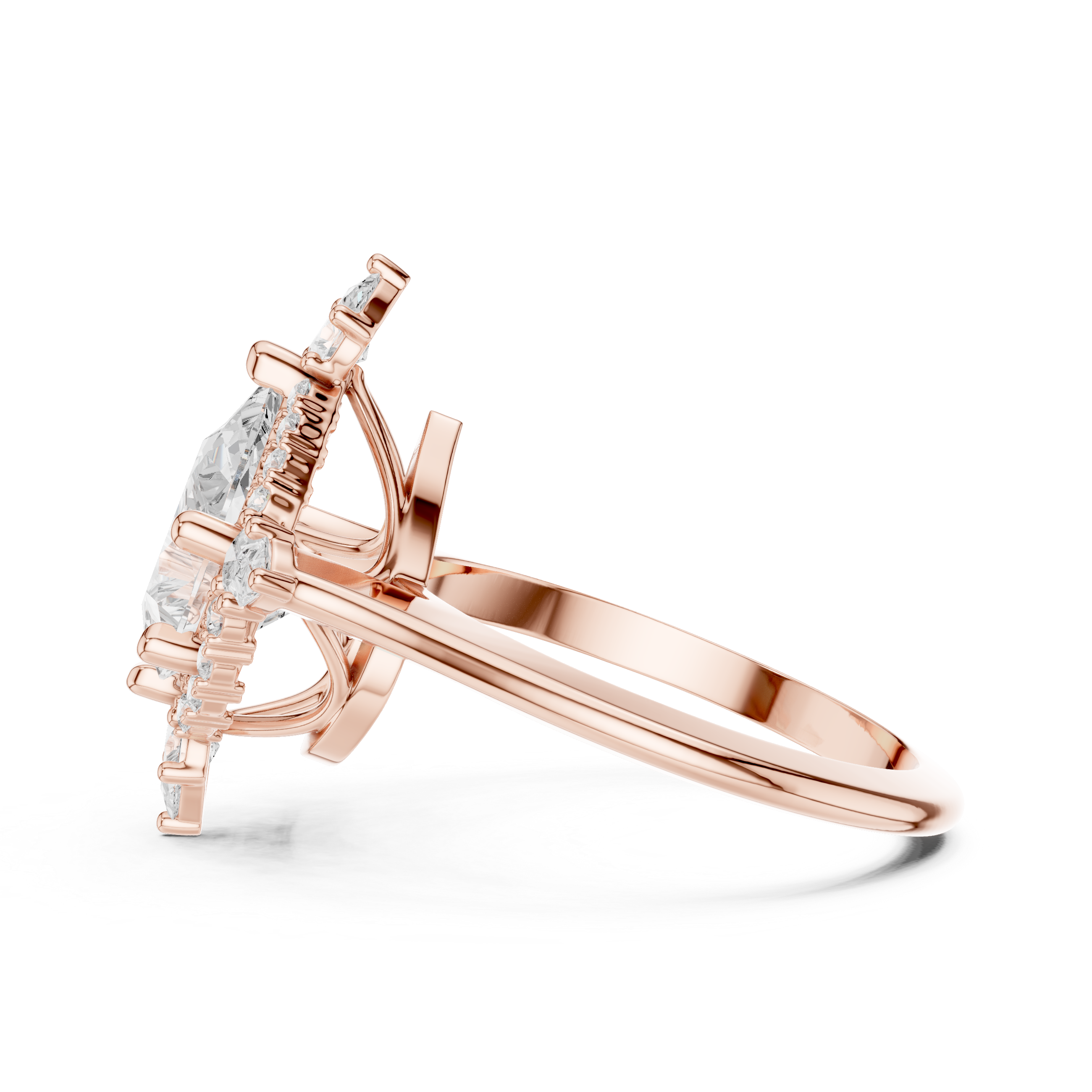 Pear cut diamond halo ring with dazzling marquise accent stones.