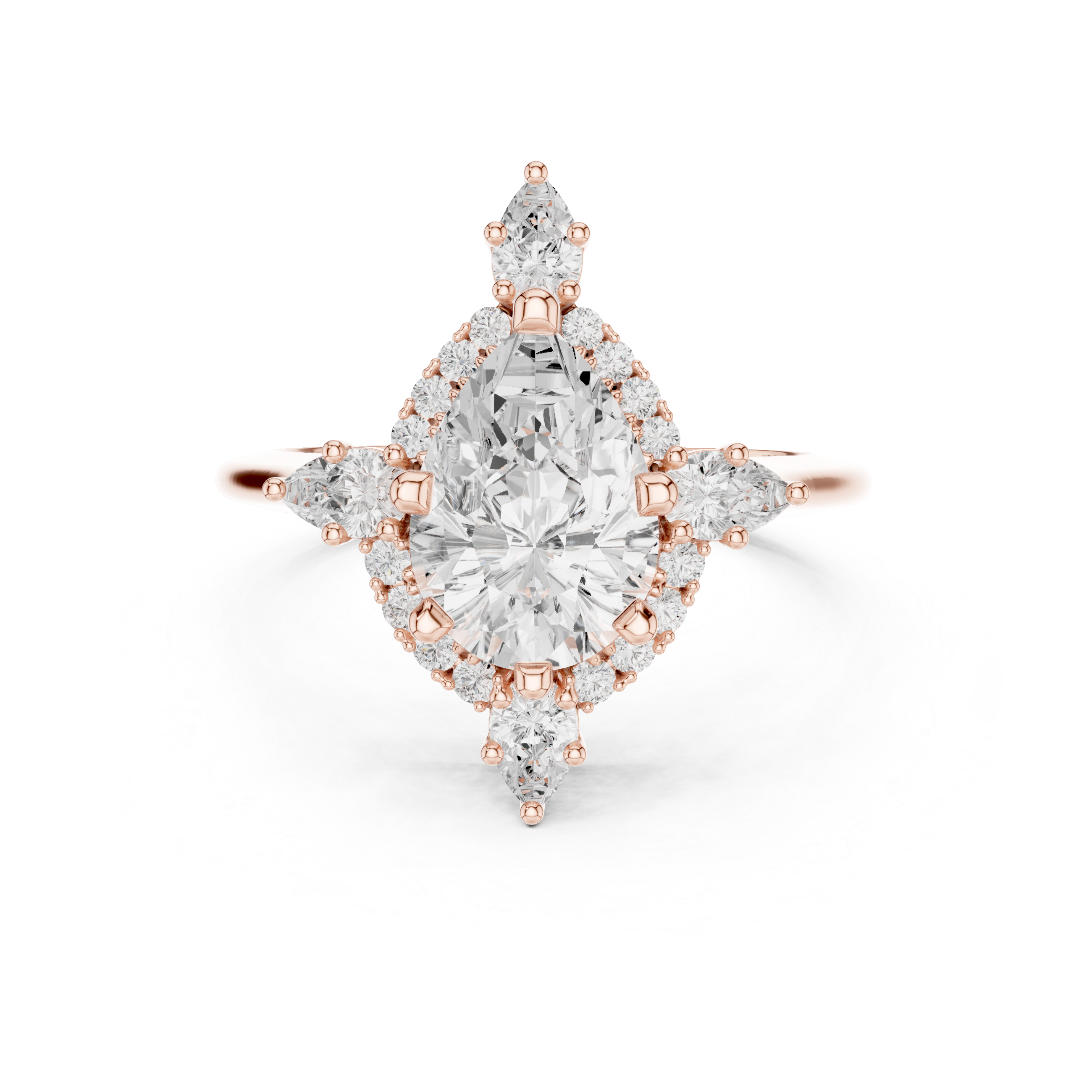 Pear cut diamond halo ring with dazzling marquise accent stones.