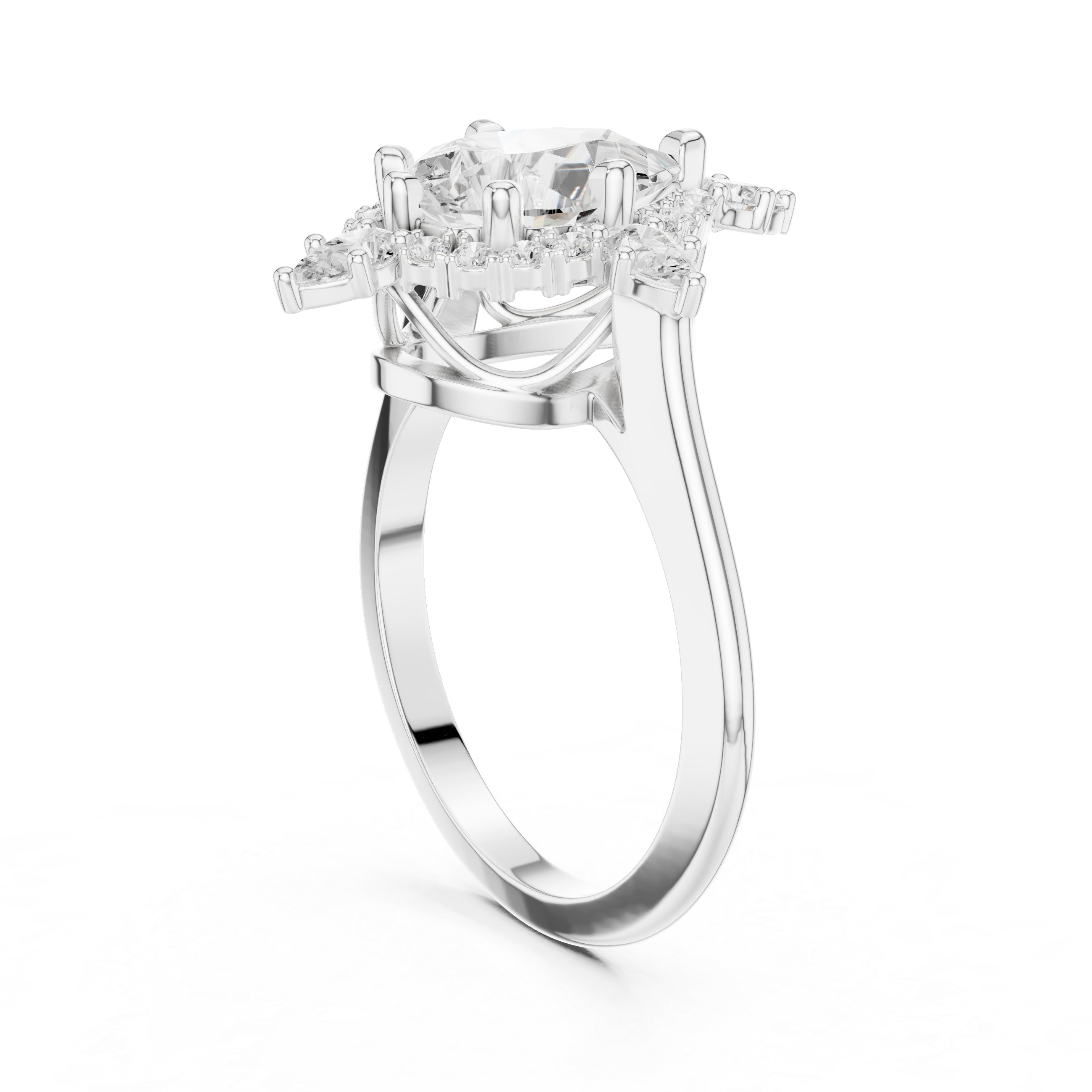 Pear cut diamond halo ring with dazzling marquise accent stones.