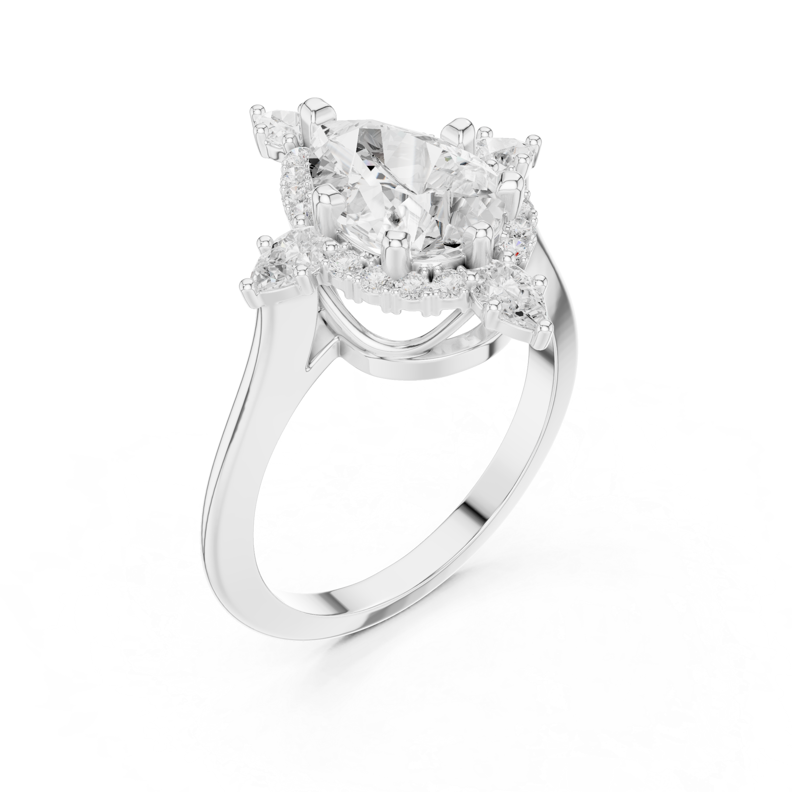 Pear cut diamond halo ring with dazzling marquise accent stones.