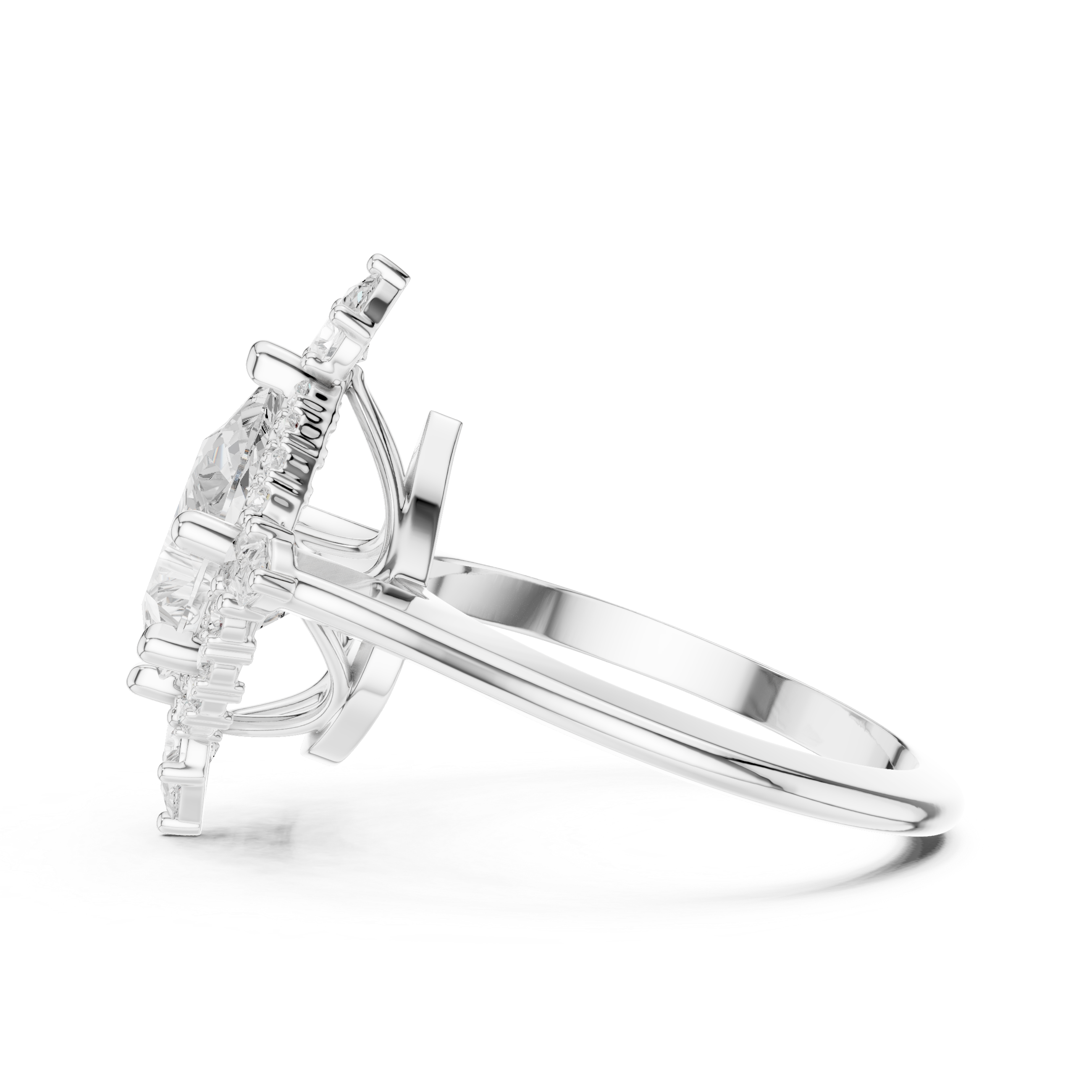 Pear cut diamond halo ring with dazzling marquise accent stones.