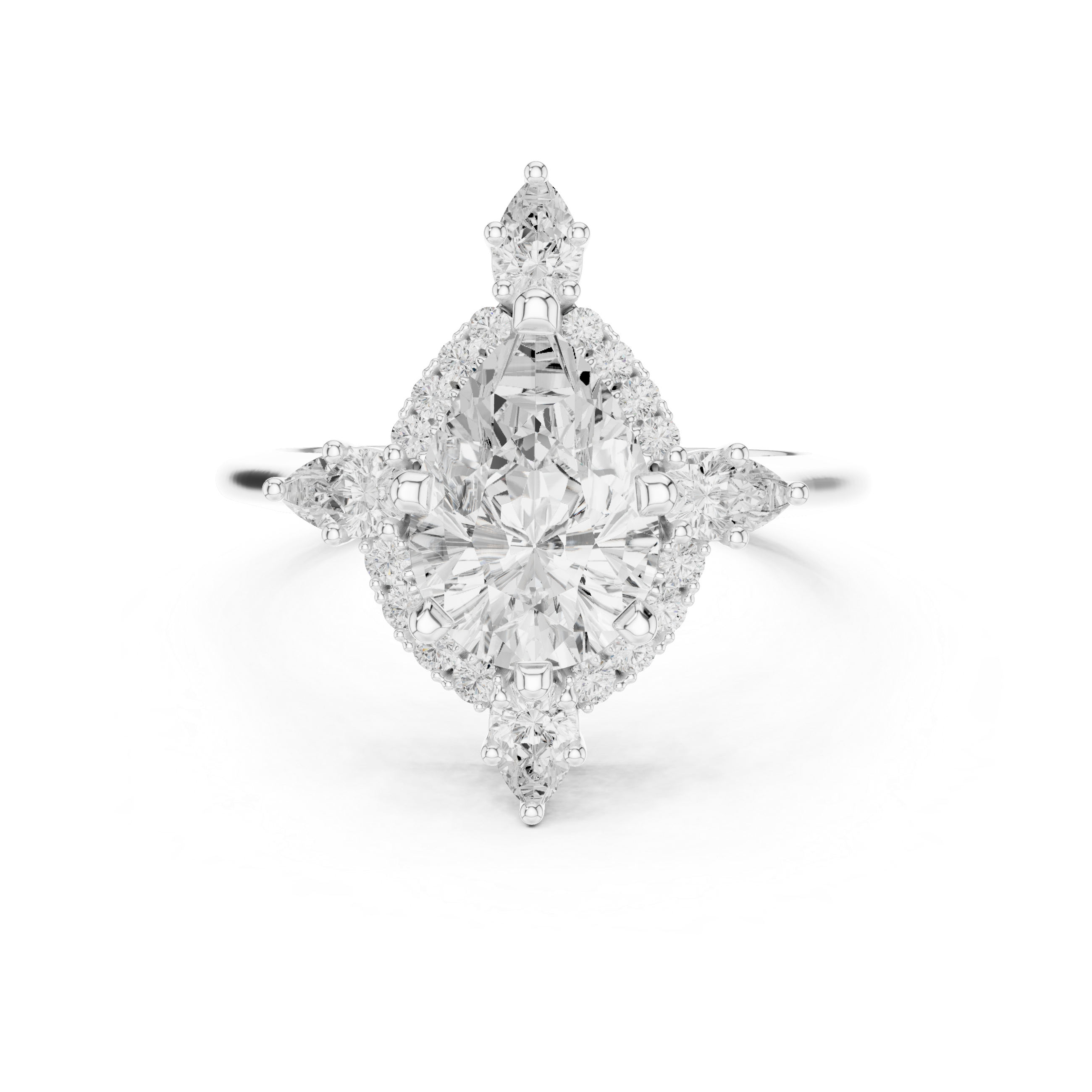 Pear cut diamond halo ring with dazzling marquise accent stones.