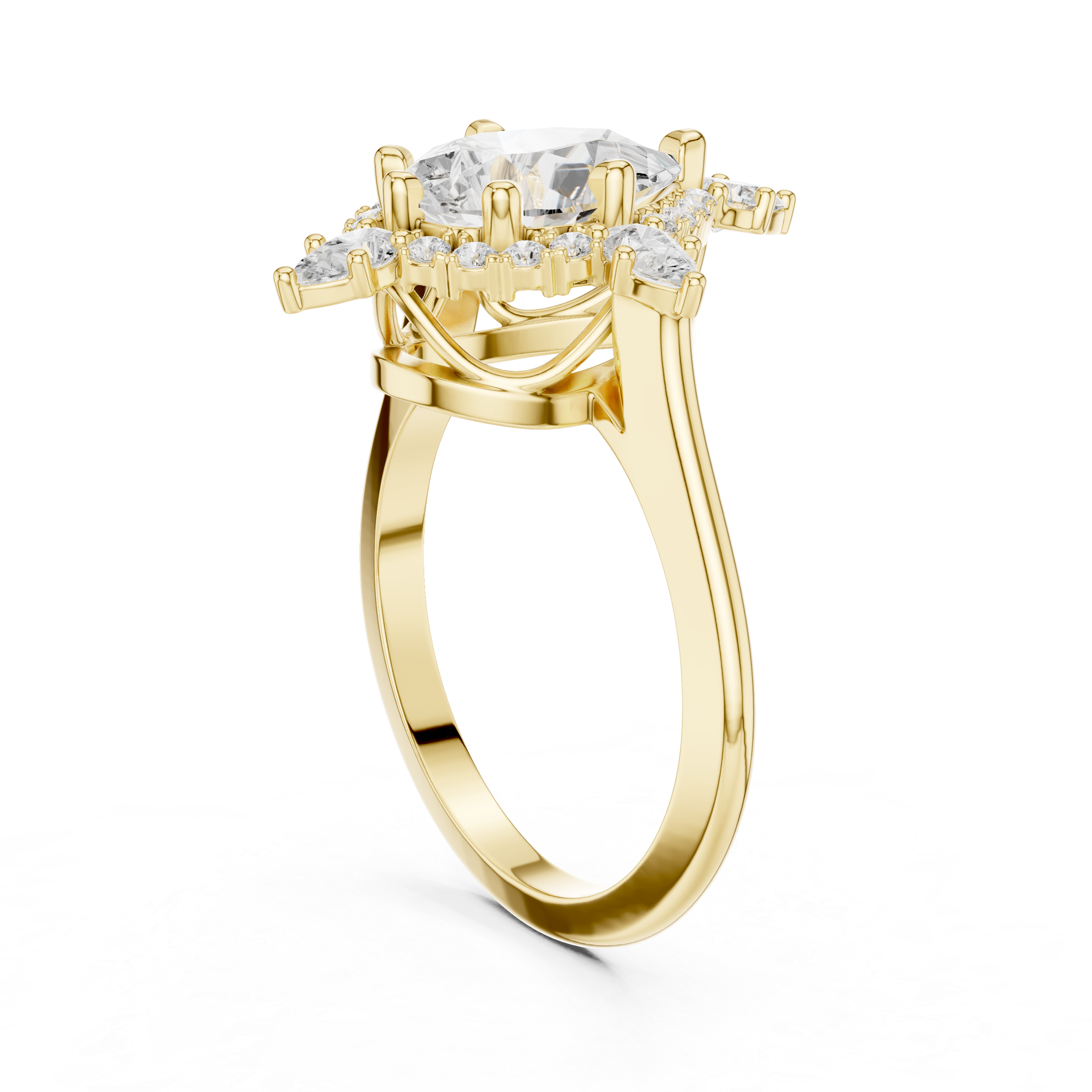 Pear cut diamond halo ring with dazzling marquise accent stones.