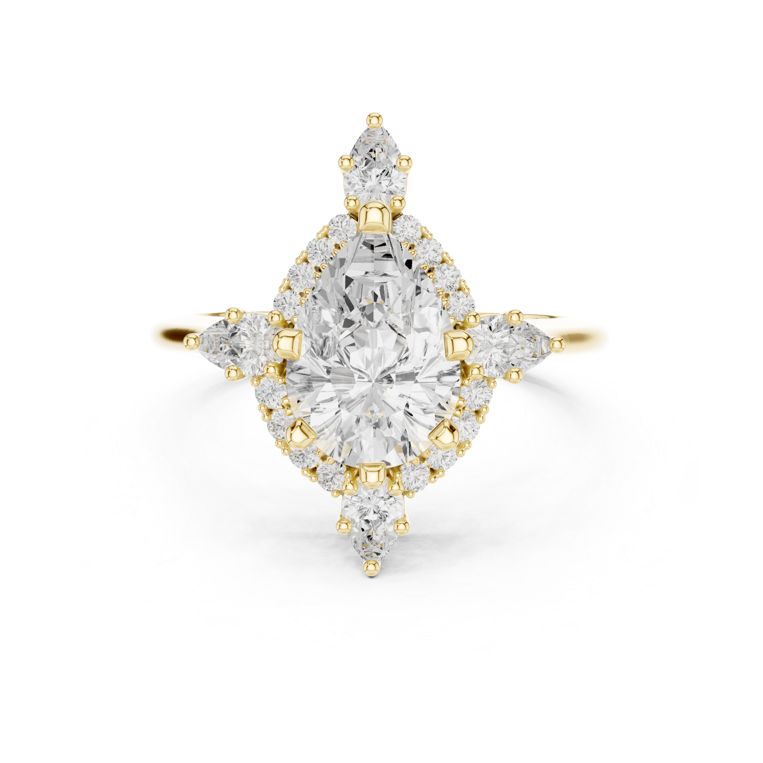 Pear cut diamond halo ring with dazzling marquise accent stones.