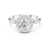 Round cut diamond halo ring with a classic polished band.