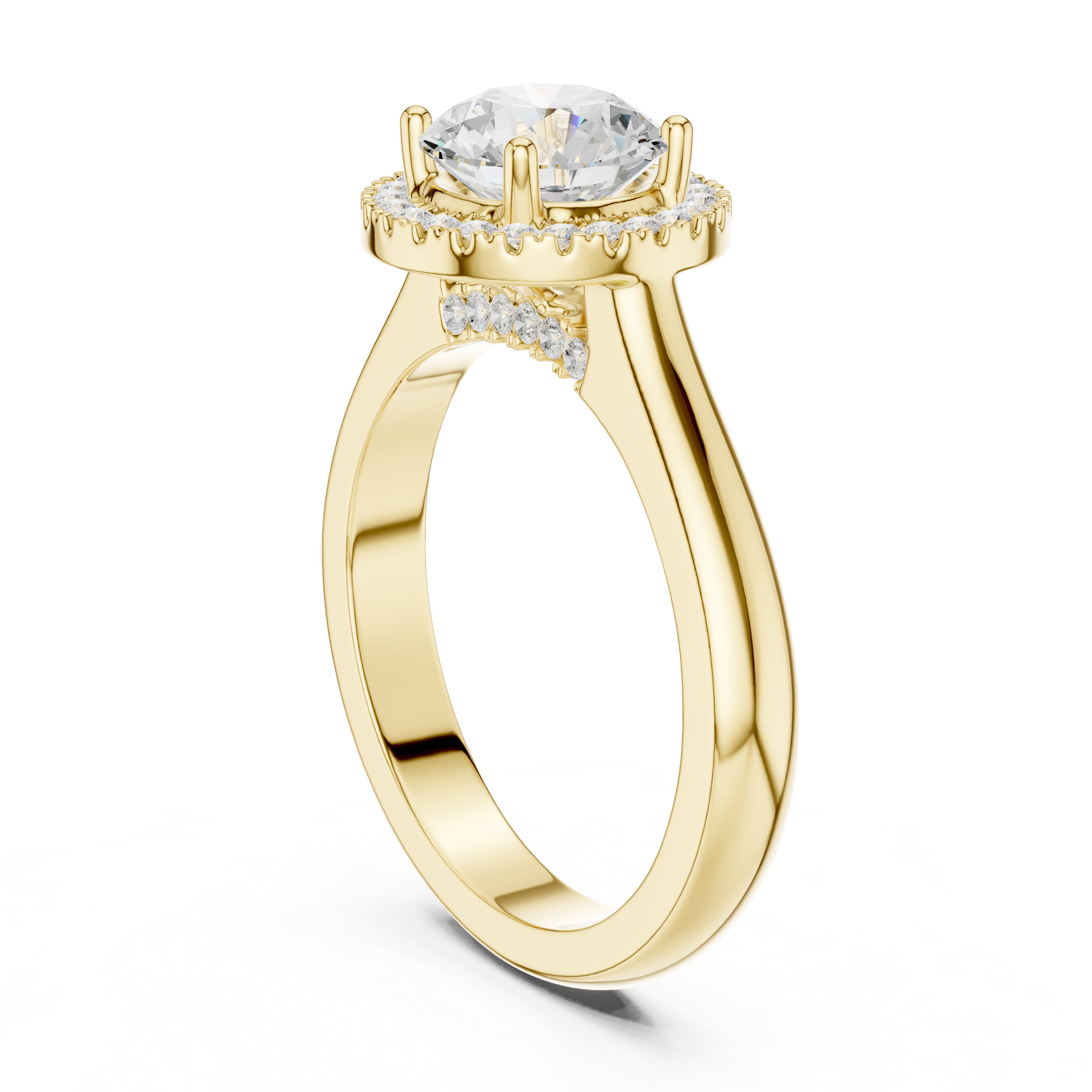 Round cut diamond halo ring with a classic polished band.