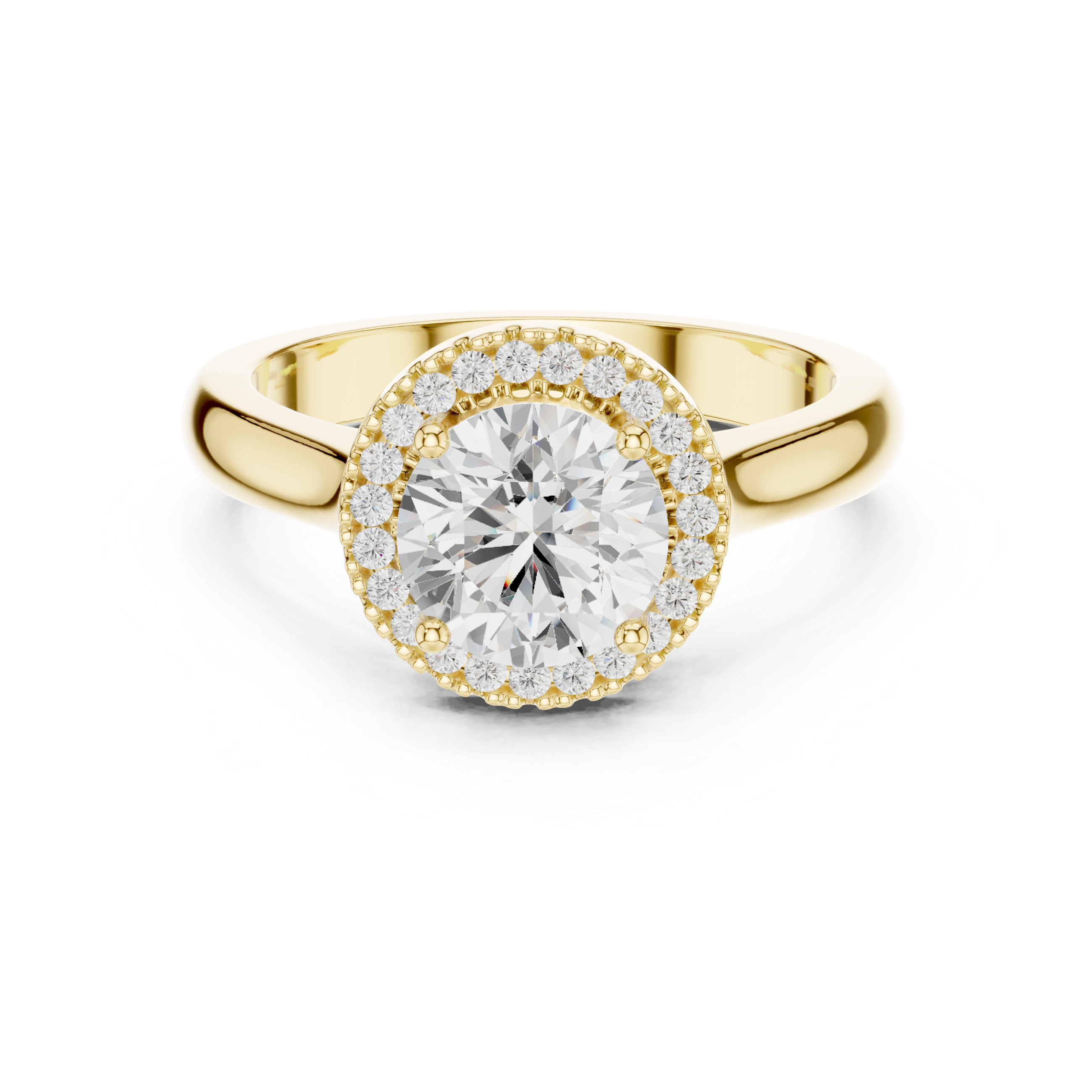 Round cut diamond halo ring with a classic polished band.