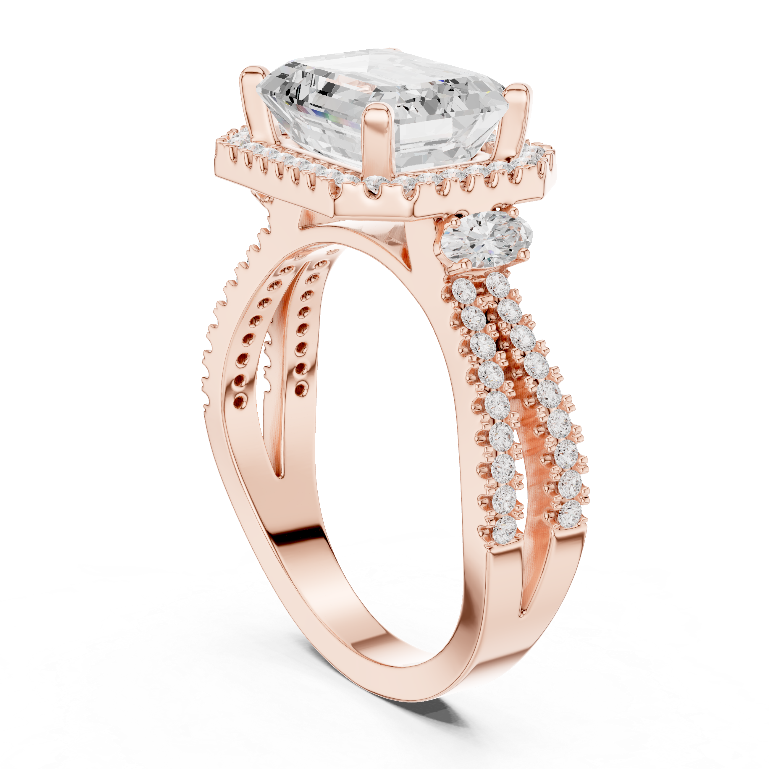 Emerald cut diamond halo ring with a double band of sparkling pav‚ diamonds.