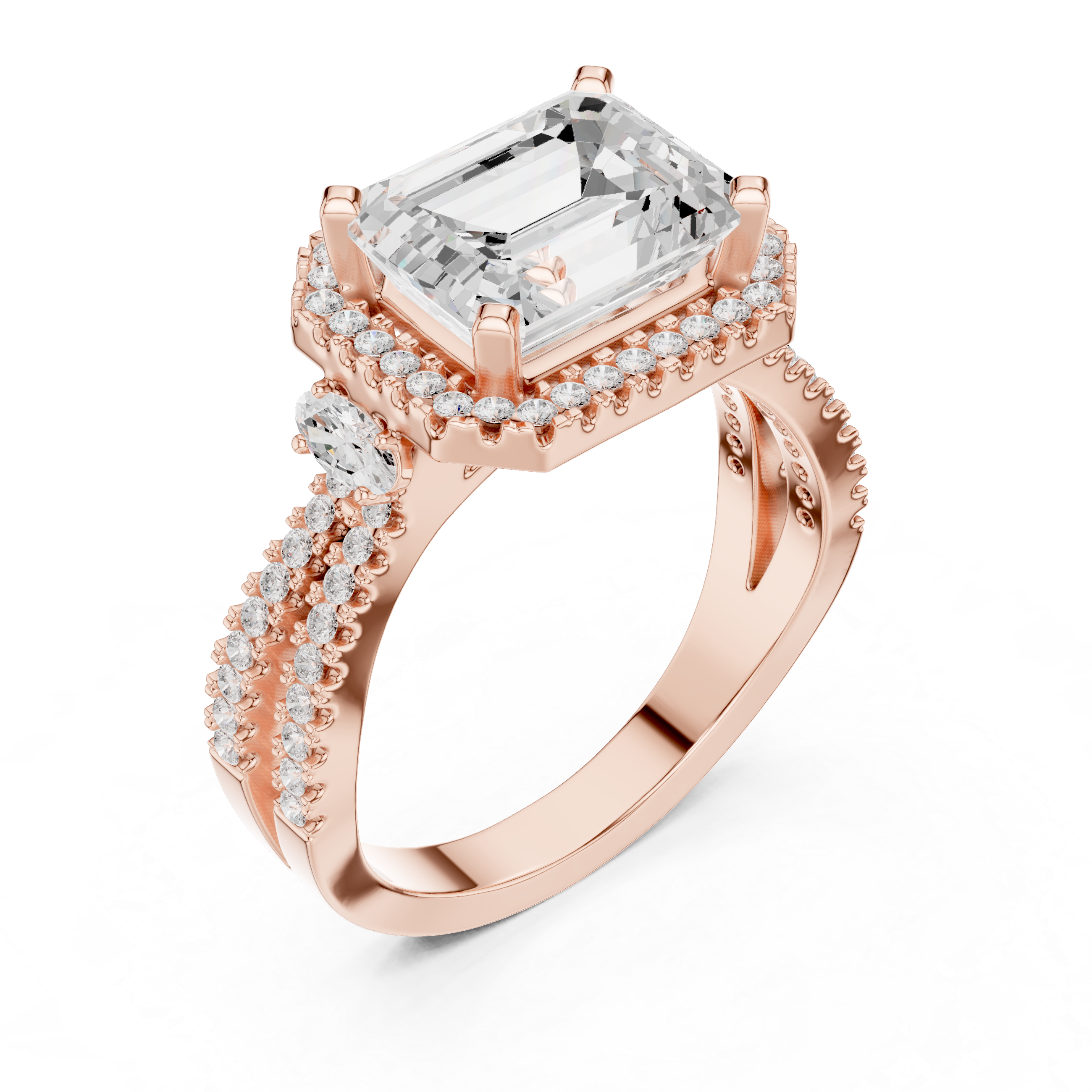 Emerald cut diamond halo ring with a double band of sparkling pav‚ diamonds.