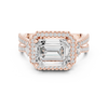 Emerald cut diamond halo ring with a double band of sparkling pav‚ diamonds.