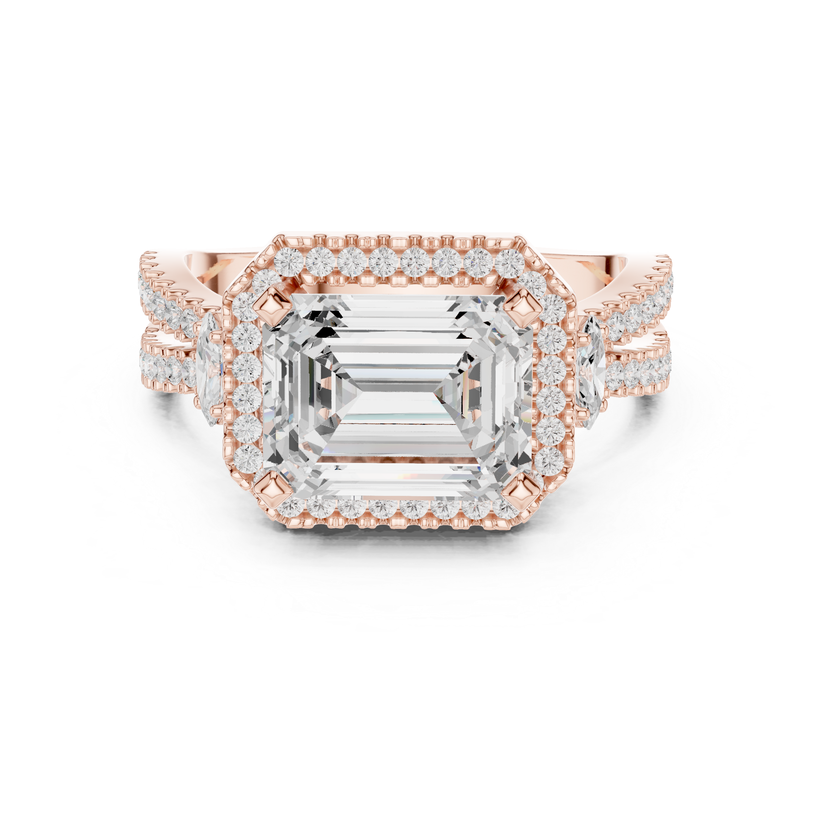 Emerald cut diamond halo ring with a double band of sparkling pav‚ diamonds.