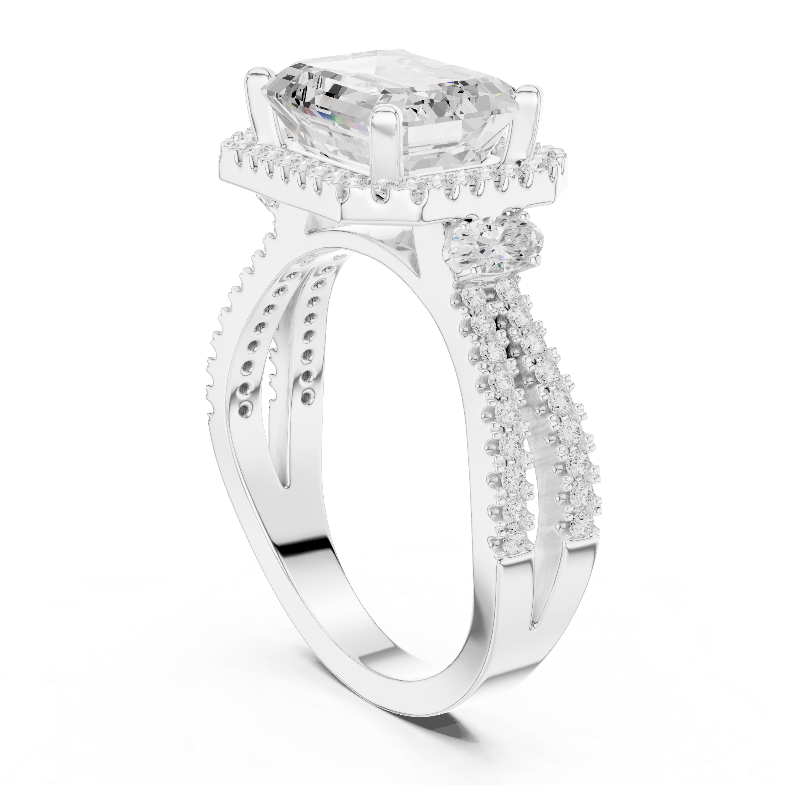 Emerald cut diamond halo ring with a double band of sparkling pav‚ diamonds.