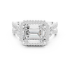 Emerald cut diamond halo ring with a double band of sparkling pav‚ diamonds.