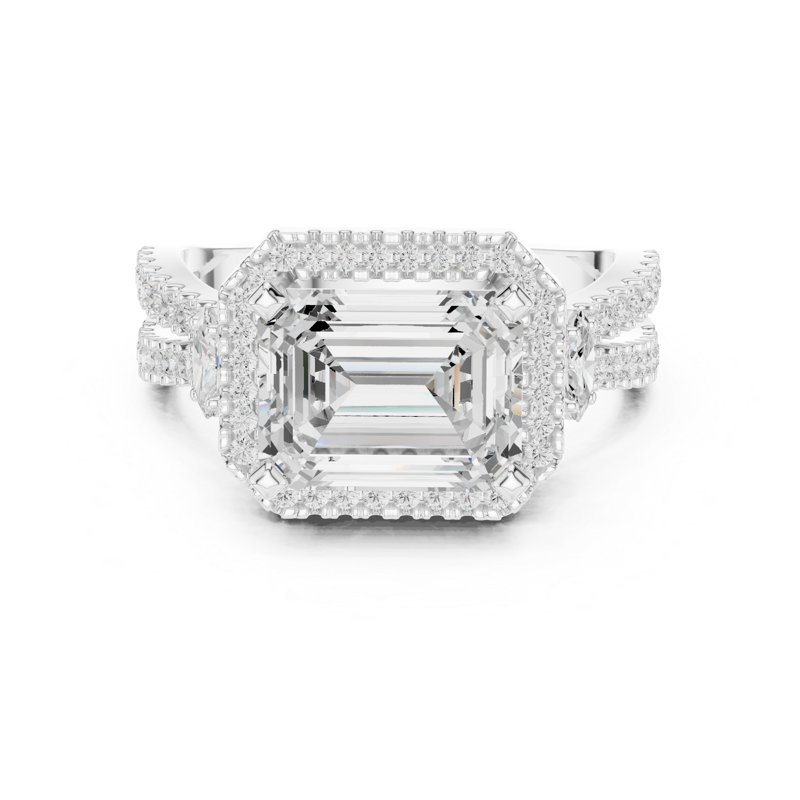 Emerald cut diamond halo ring with a double band of sparkling pav‚ diamonds.