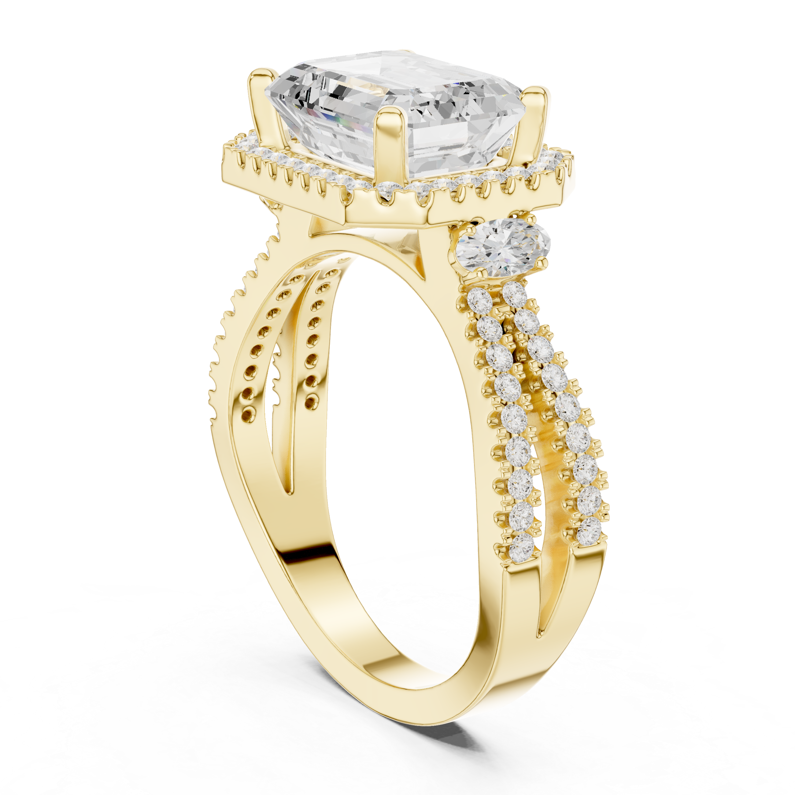 Emerald cut diamond halo ring with a double band of sparkling pav‚ diamonds.
