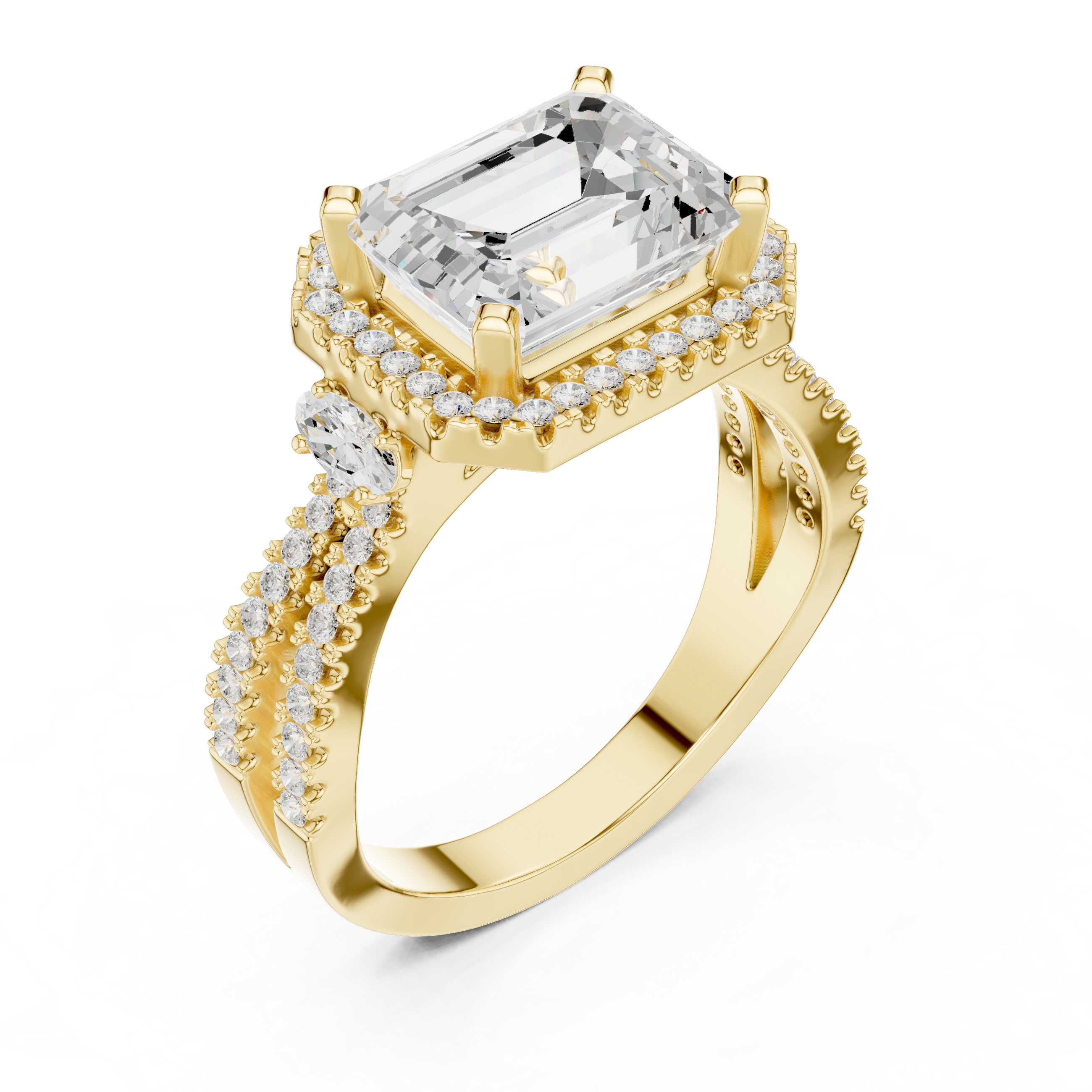 Emerald cut diamond halo ring with a double band of sparkling pav‚ diamonds.