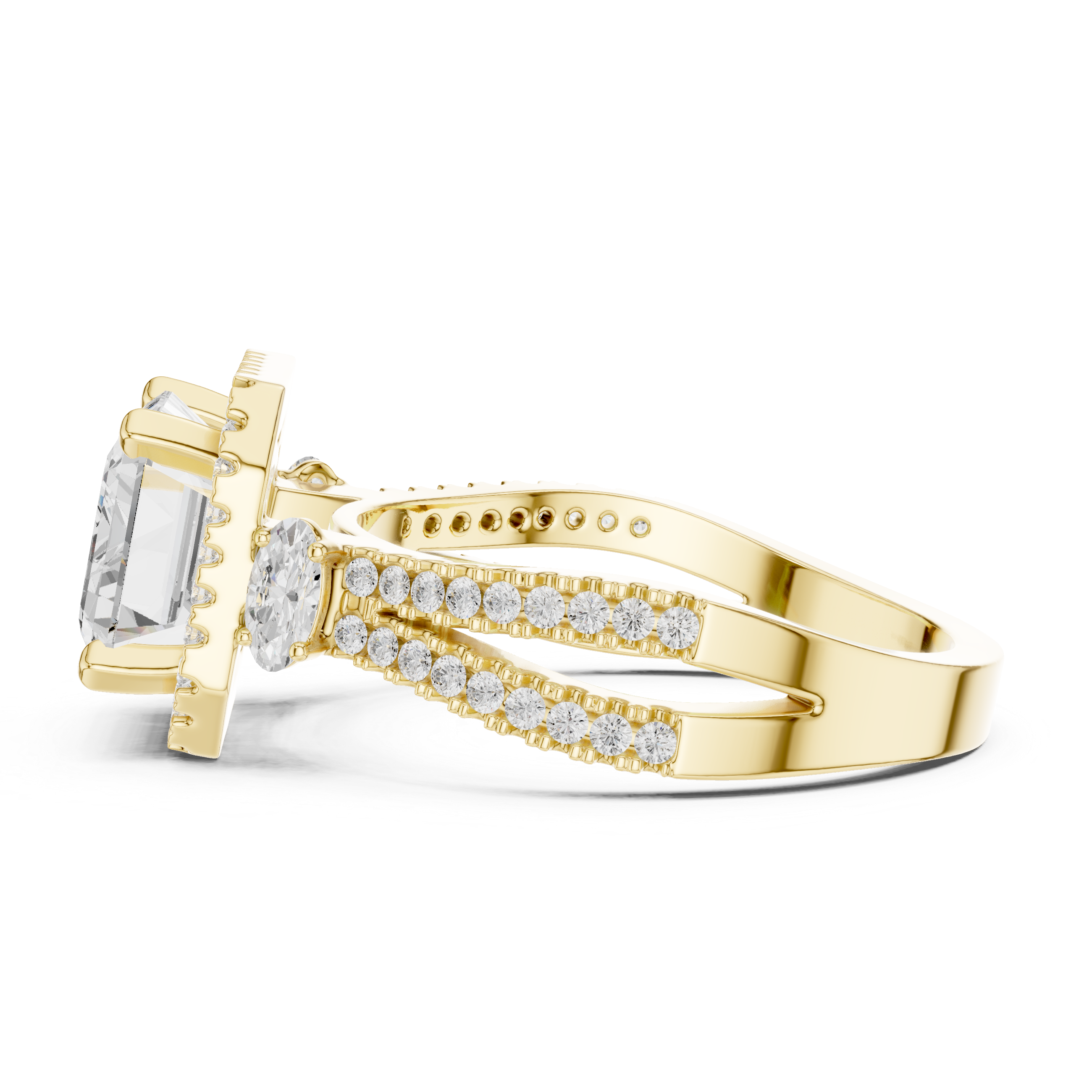 Emerald cut diamond halo ring with a double band of sparkling pav‚ diamonds.