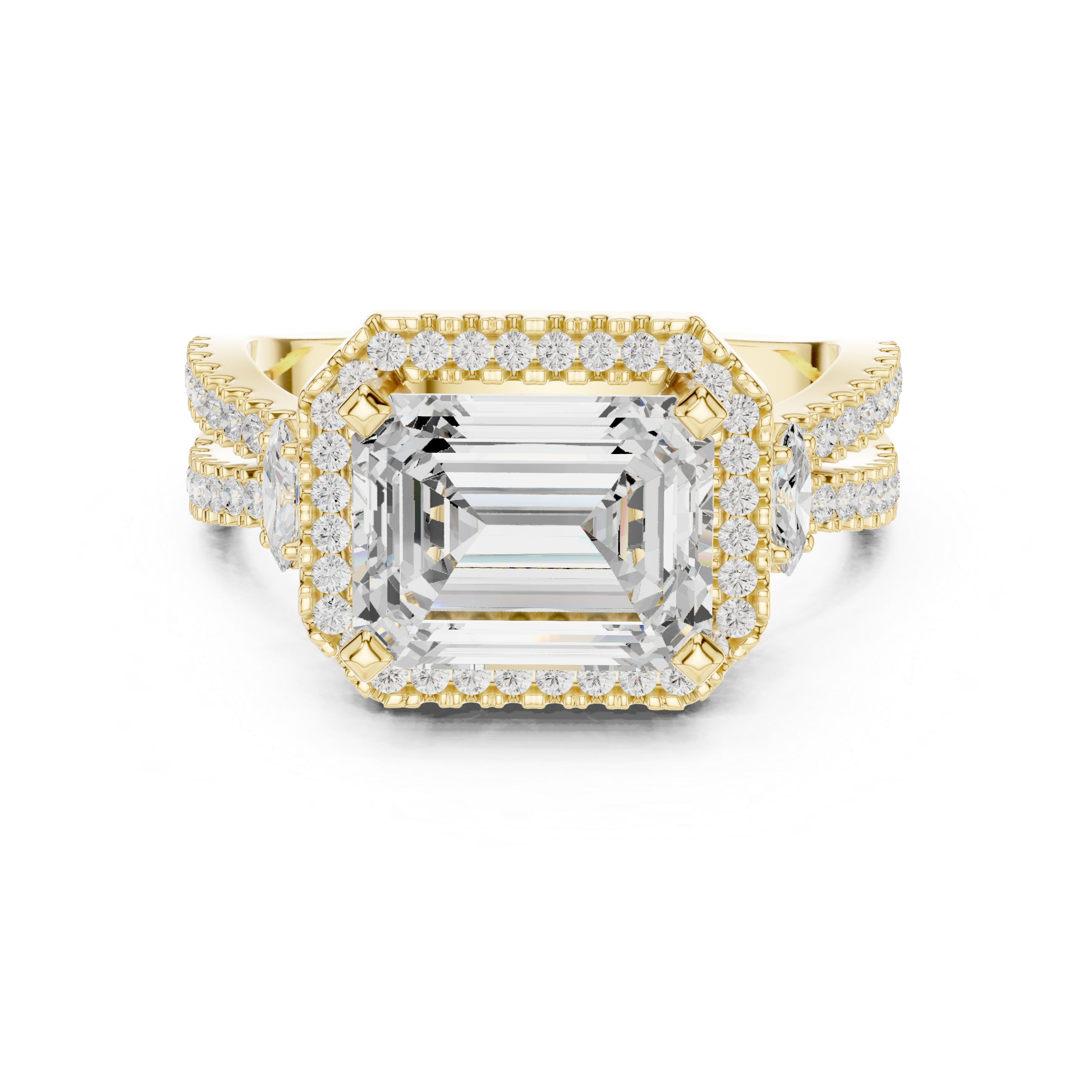 Emerald cut diamond halo ring with a double band of sparkling pav‚ diamonds.