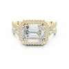 Emerald cut diamond halo ring with a double band of sparkling pav‚ diamonds.