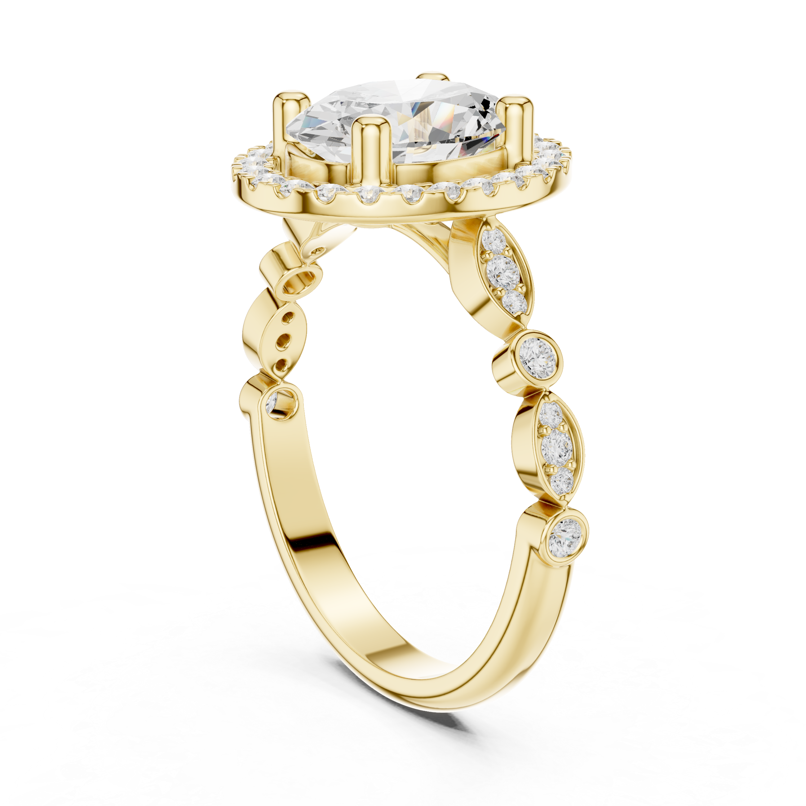 Oval cut diamond halo ring with a diamond-accented band.