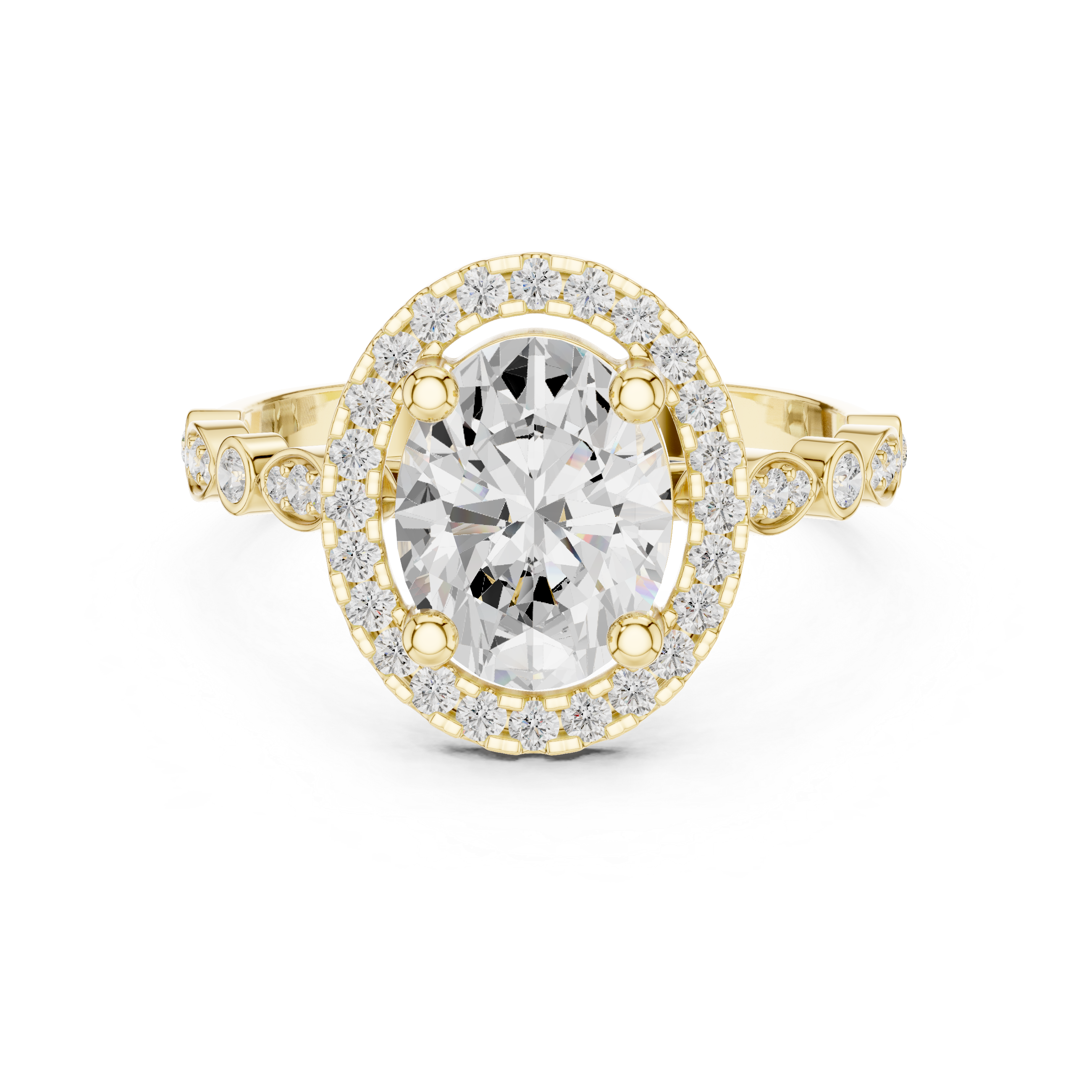 Oval cut diamond halo ring with a diamond-accented band.