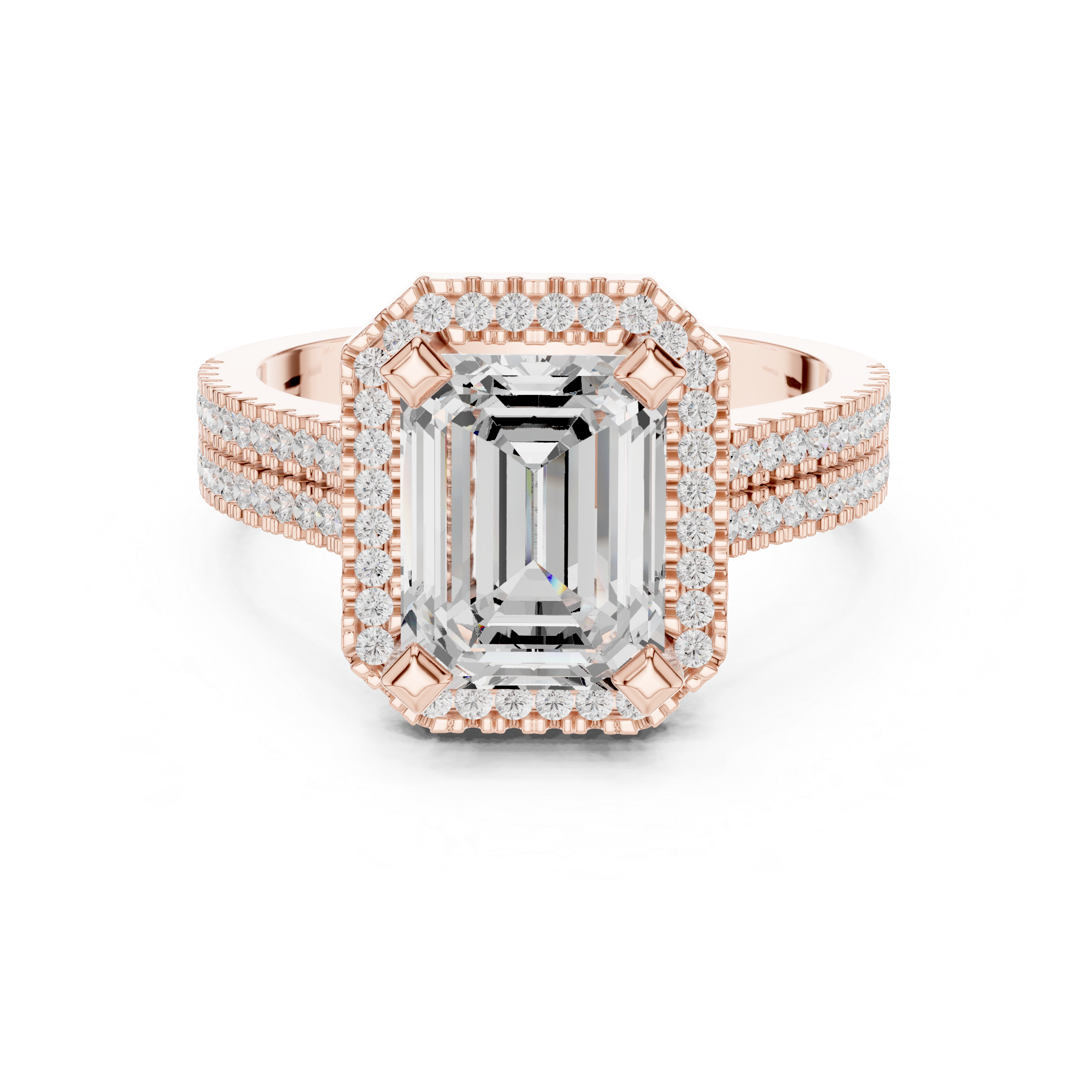Emerald cut diamond halo ring with a triple pav‚ diamond band.