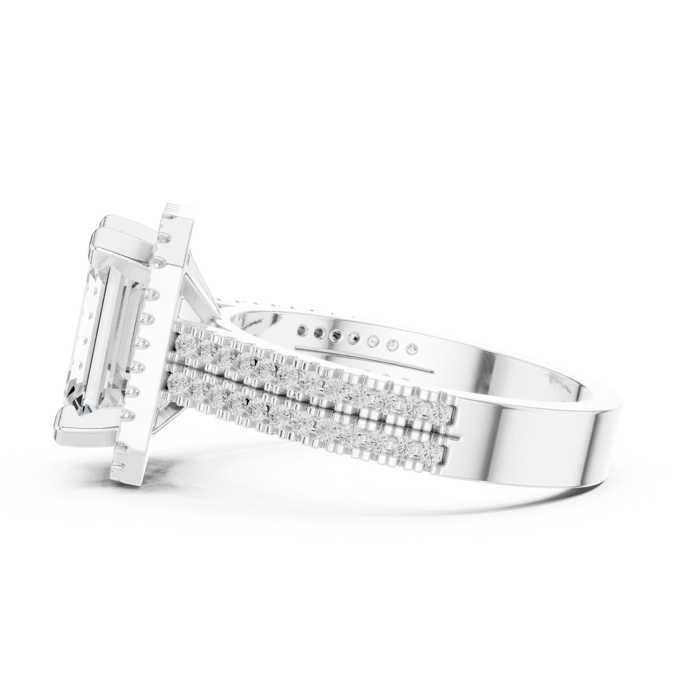 Emerald cut diamond halo ring with a triple pav‚ diamond band.
