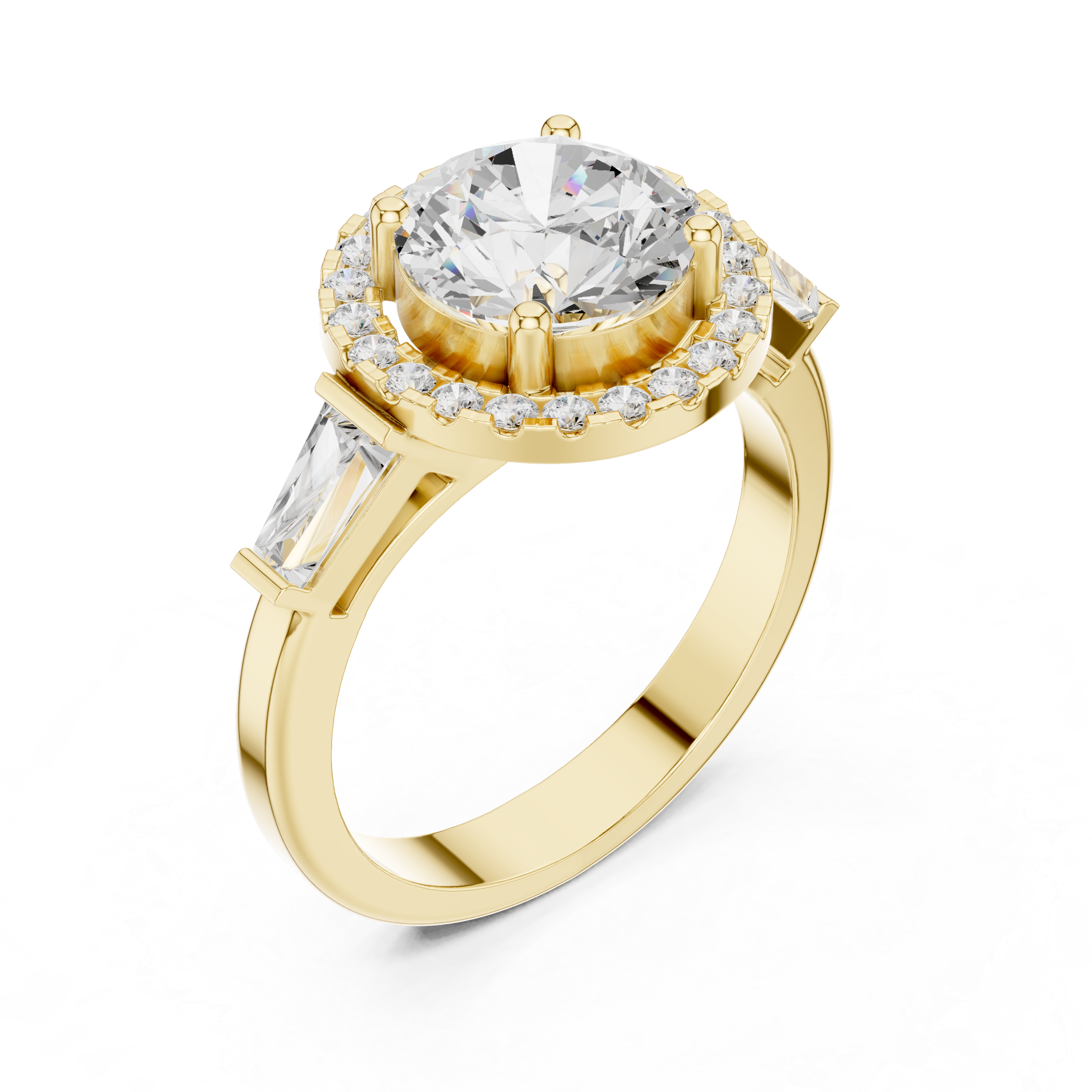 Round cut diamond halo ring with tapered baguette side stones.