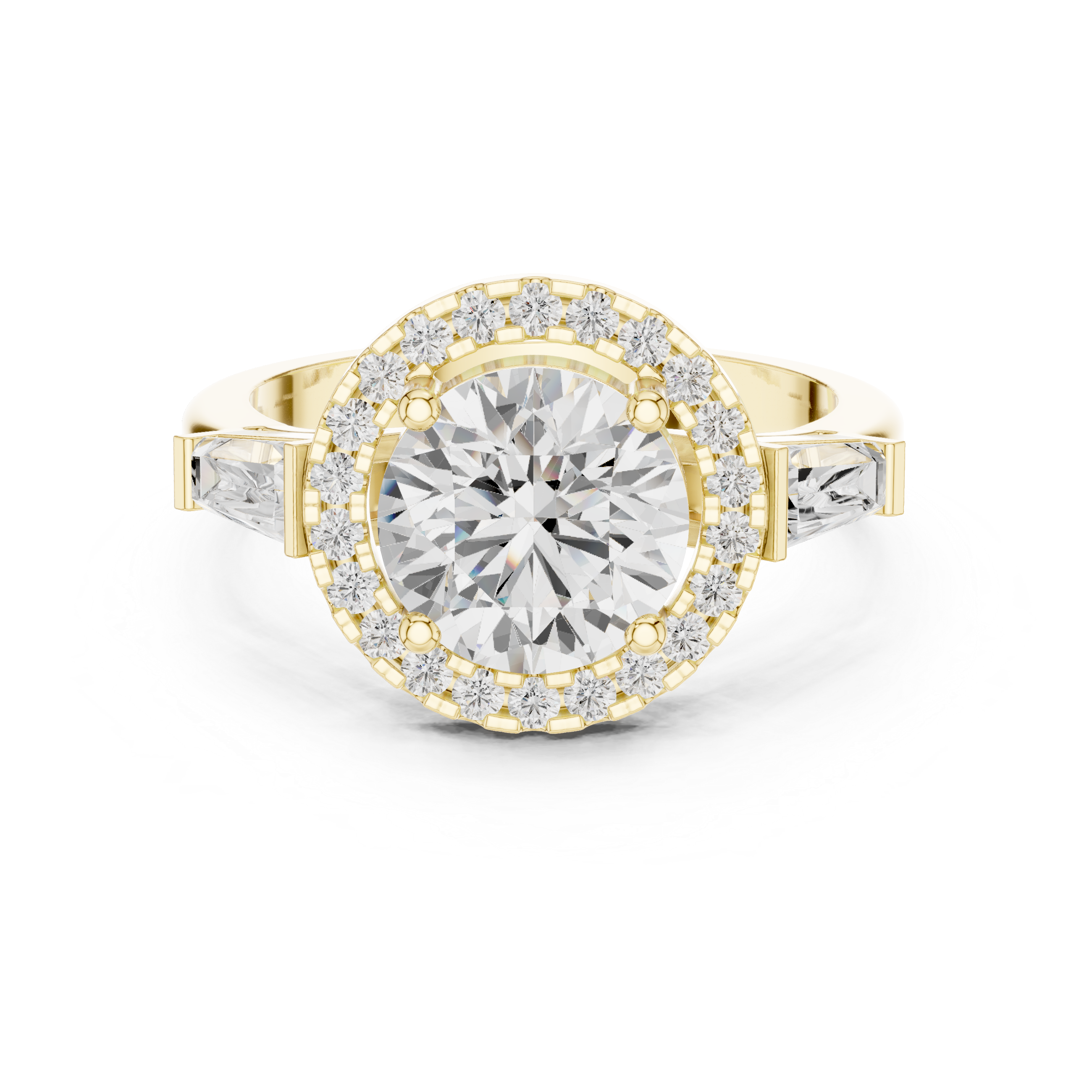Round cut diamond halo ring with tapered baguette side stones.