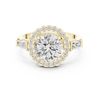 Round cut diamond halo ring with tapered baguette side stones.