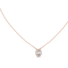 oval-cut diamond surrounded by a halo of smaller diamonds.