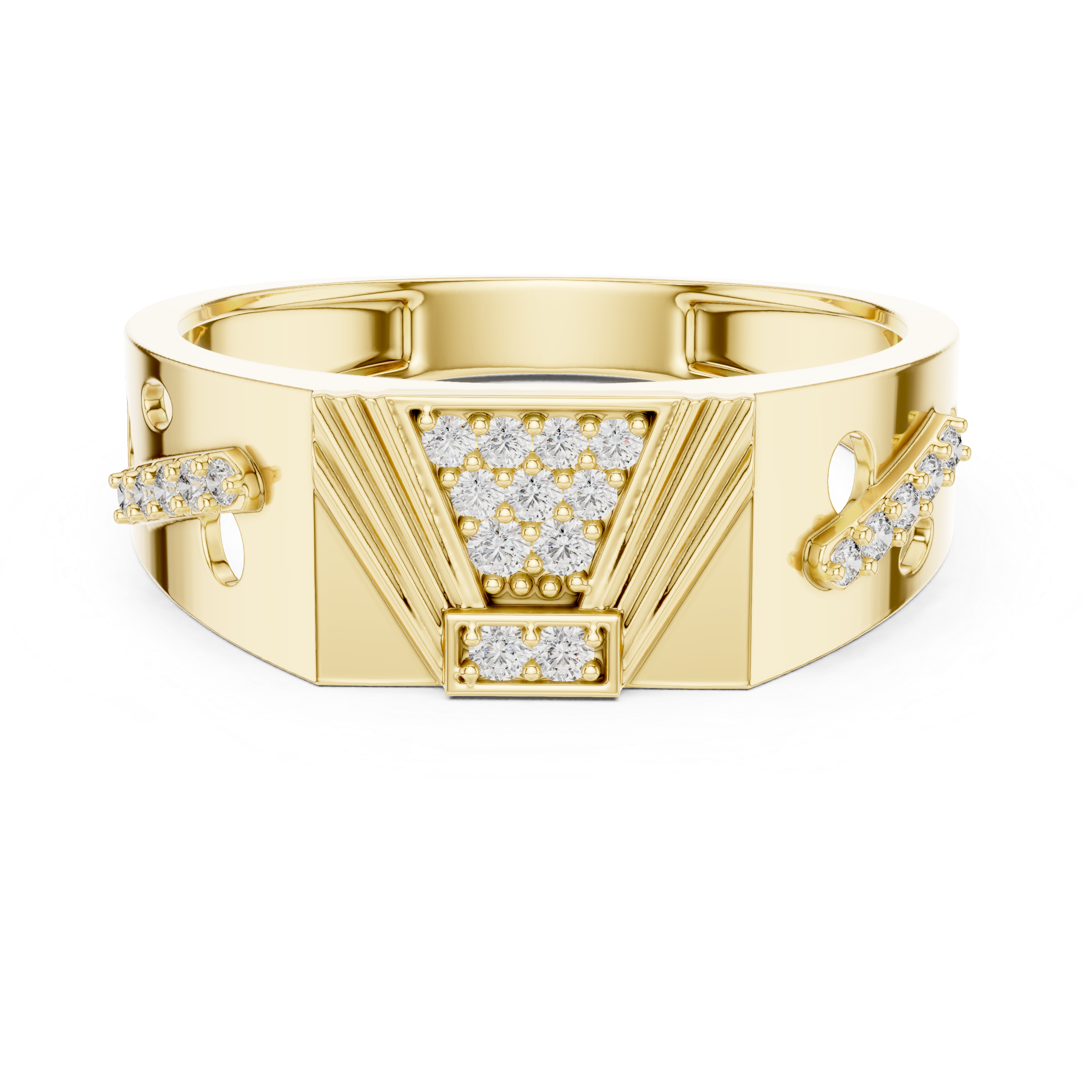 Art Deco-Inspired Rose Gold Ring with Diamond Cluster and Engraved Detailing