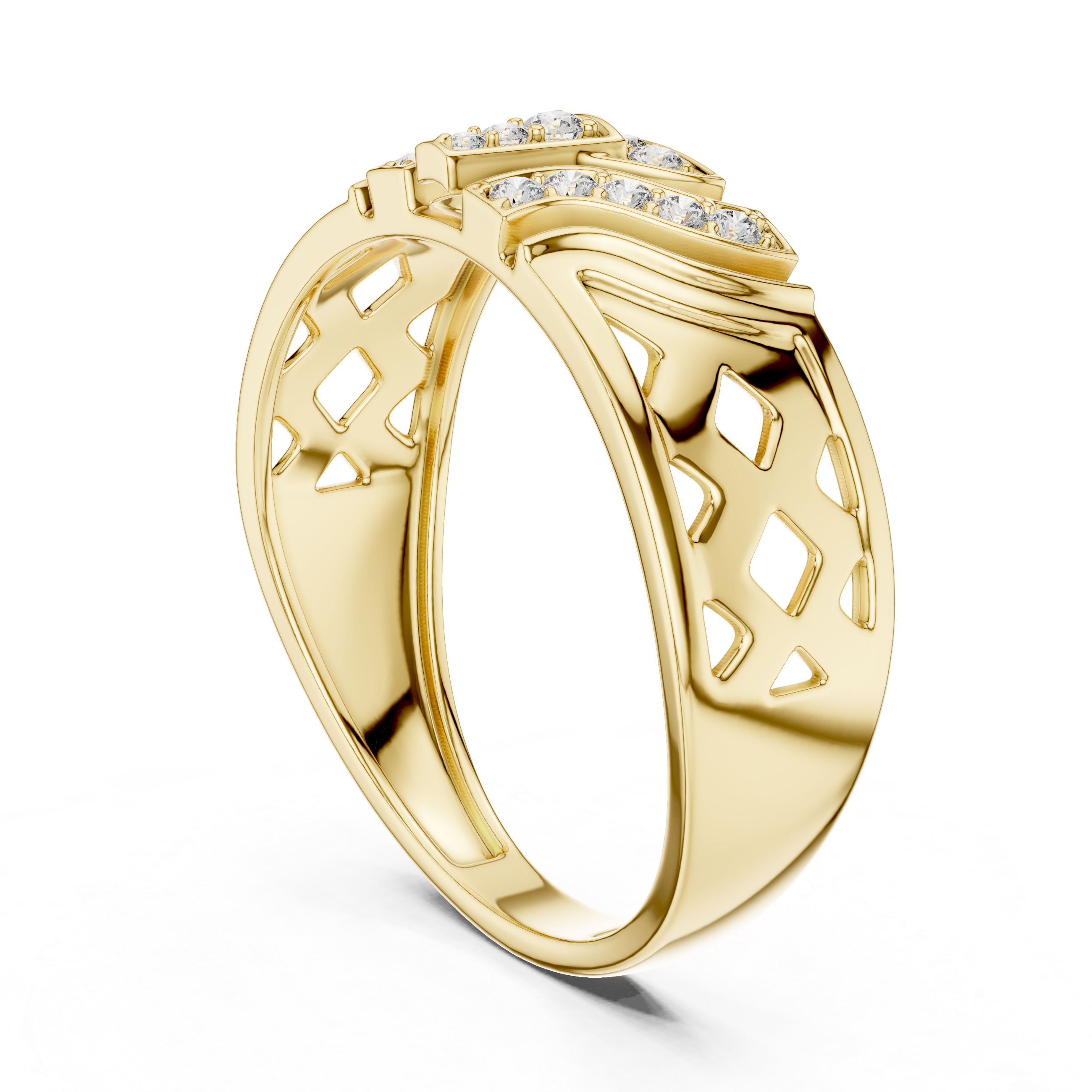 Yellow Gold Ring with Diamond Accents and Lattice-Inspired Design