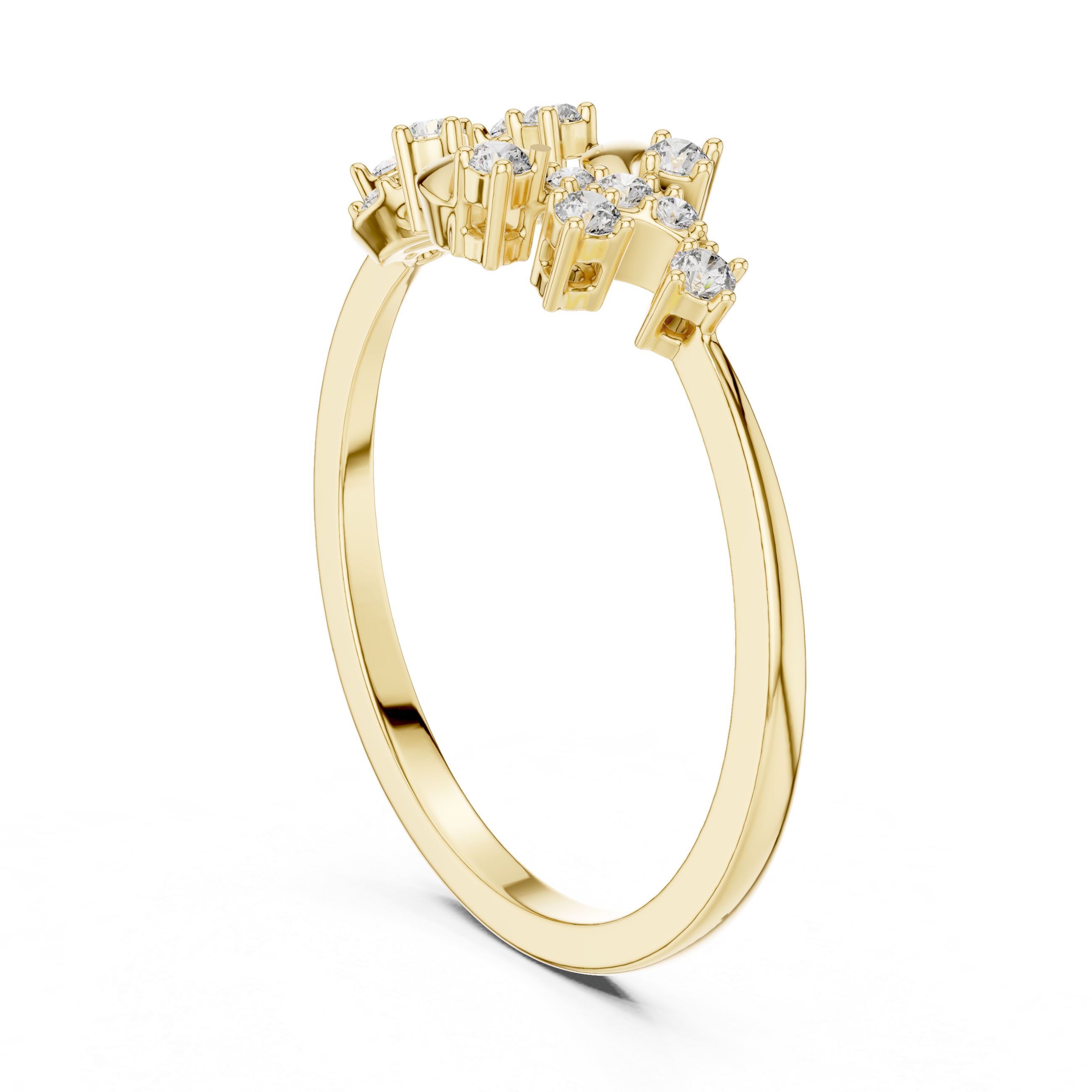 Delicate Yellow Gold Ring with Asymmetrical Diamond Clusters