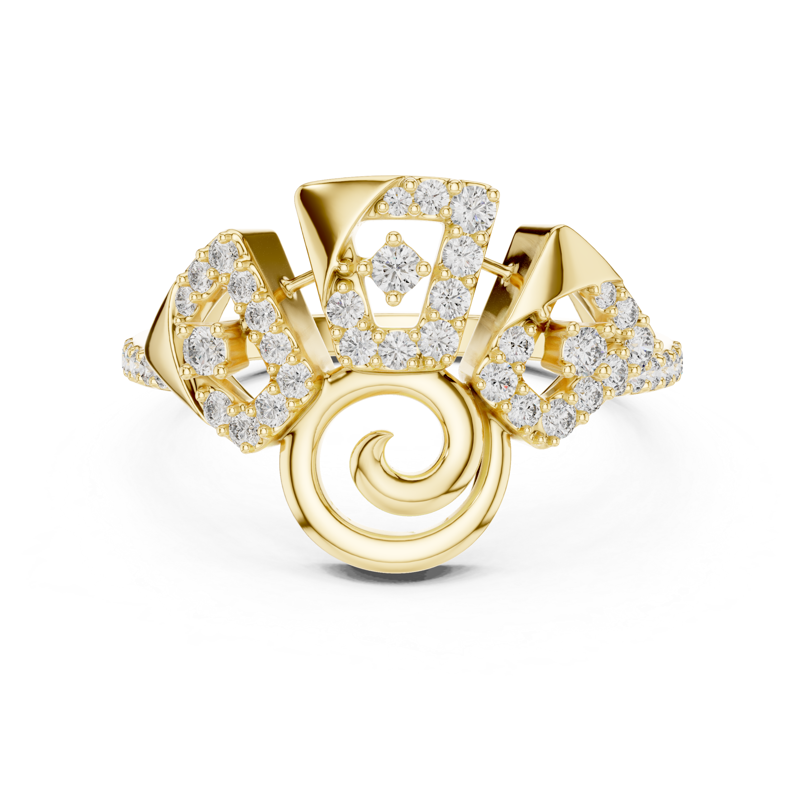 Yellow Gold Ring Featuring Bold, Abstract Diamond-Studded Shapes