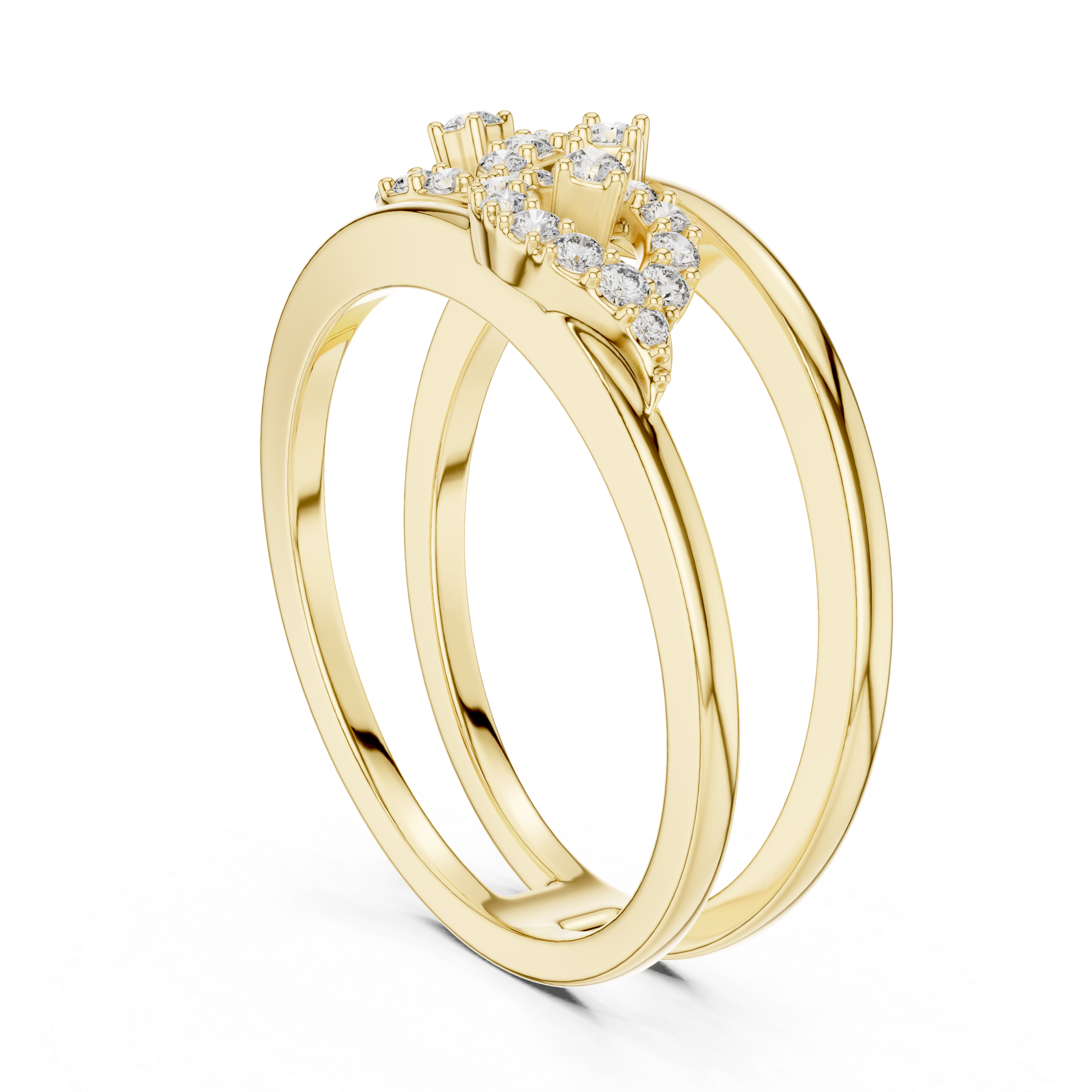 Contemporary Yellow Gold Ring with Split Band and Diamond-Studded Abstract Motif
