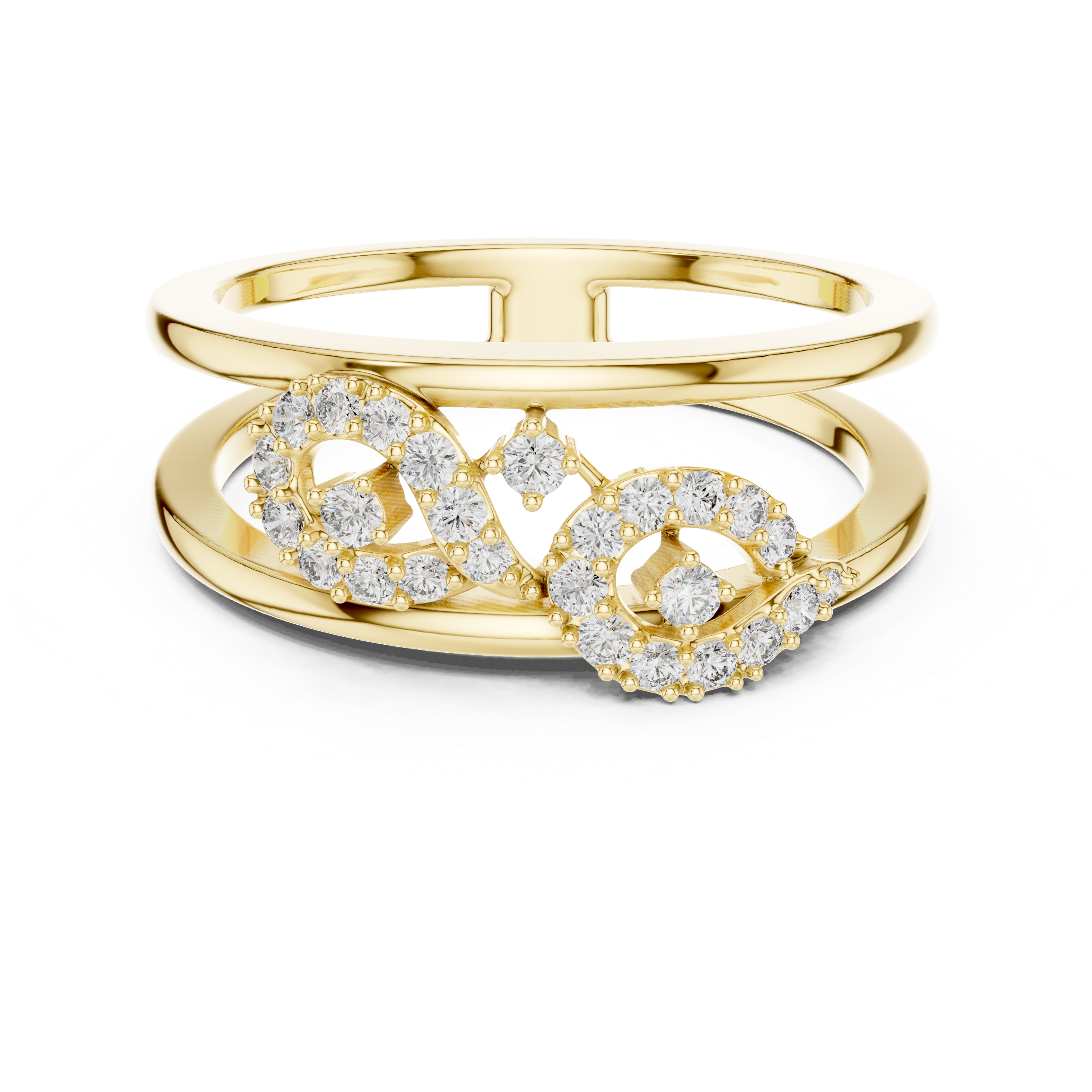 Contemporary Yellow Gold Ring with Split Band and Diamond-Studded Abstract Motif