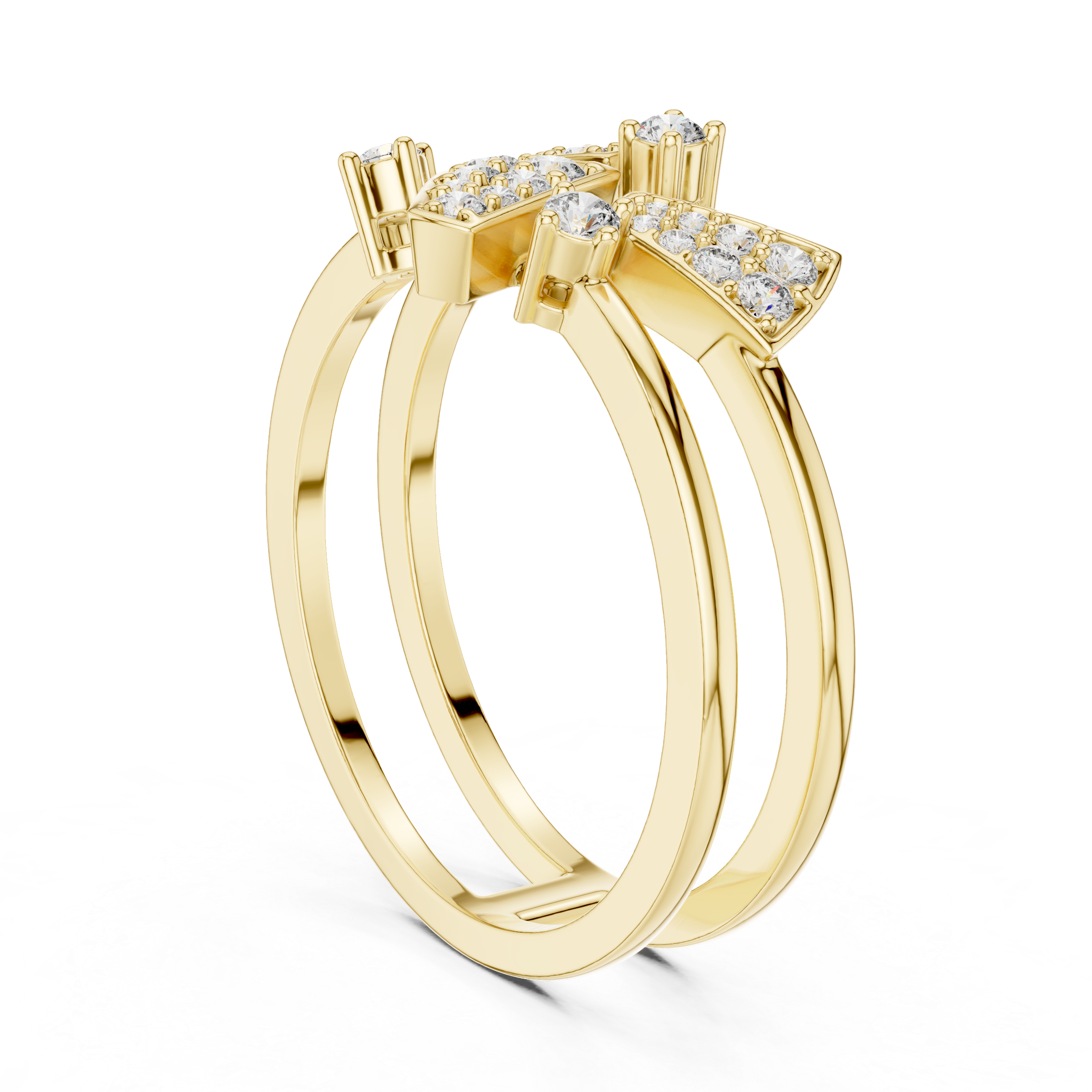 Bold Yellow Gold Ring with Angular Diamond-Encrusted Shapes and Split Shank