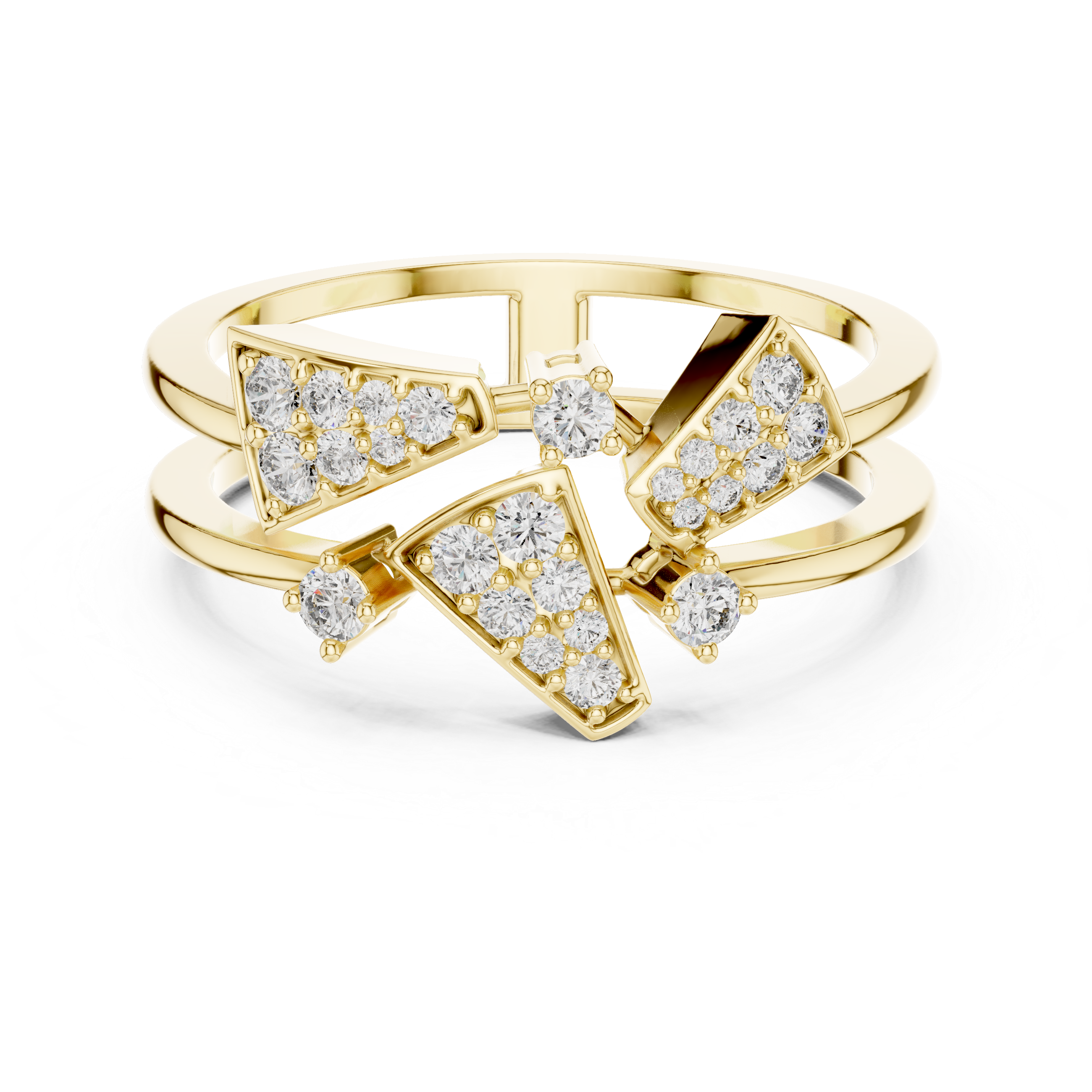 Bold Yellow Gold Ring with Angular Diamond-Encrusted Shapes and Split Shank
