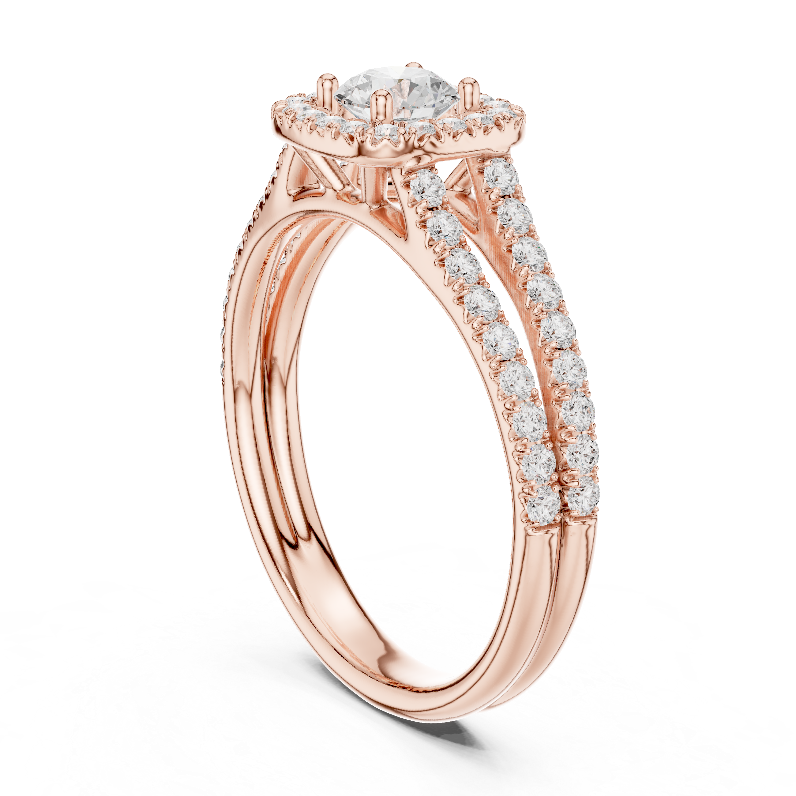 Twin Band Rose Gold Halo Solitaire Ring