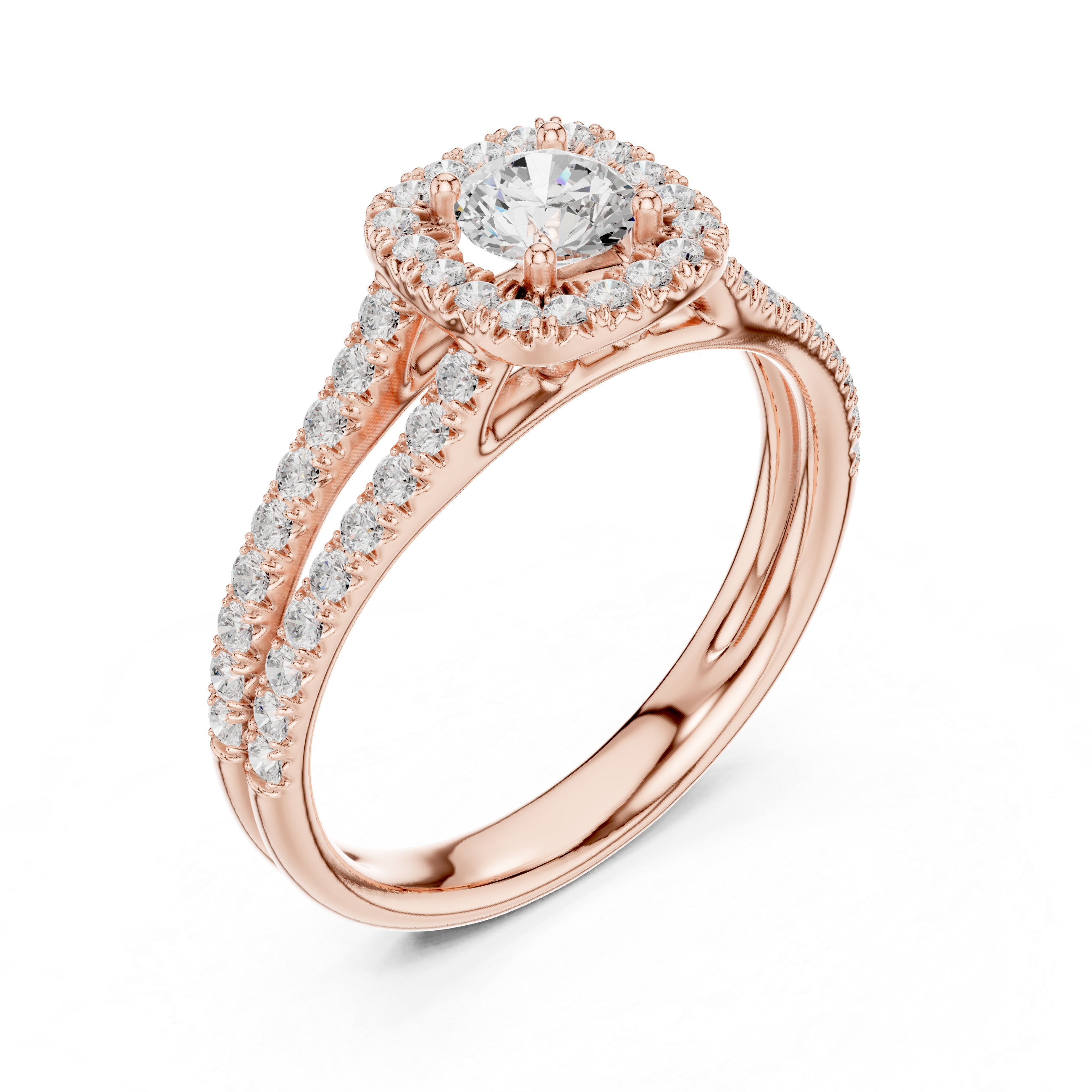Twin Band Rose Gold Halo Solitaire Ring