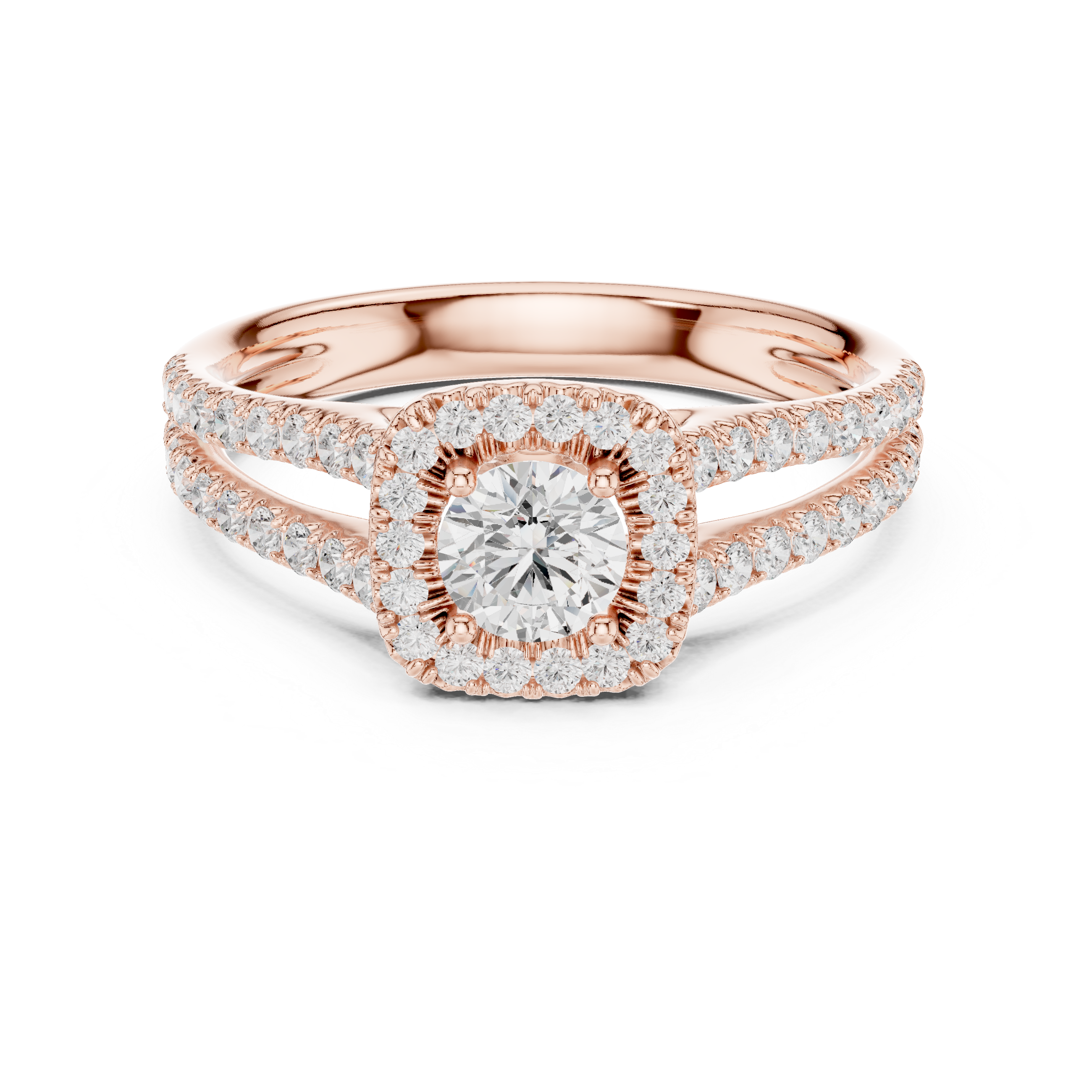 Twin Band Rose Gold Halo Solitaire Ring
